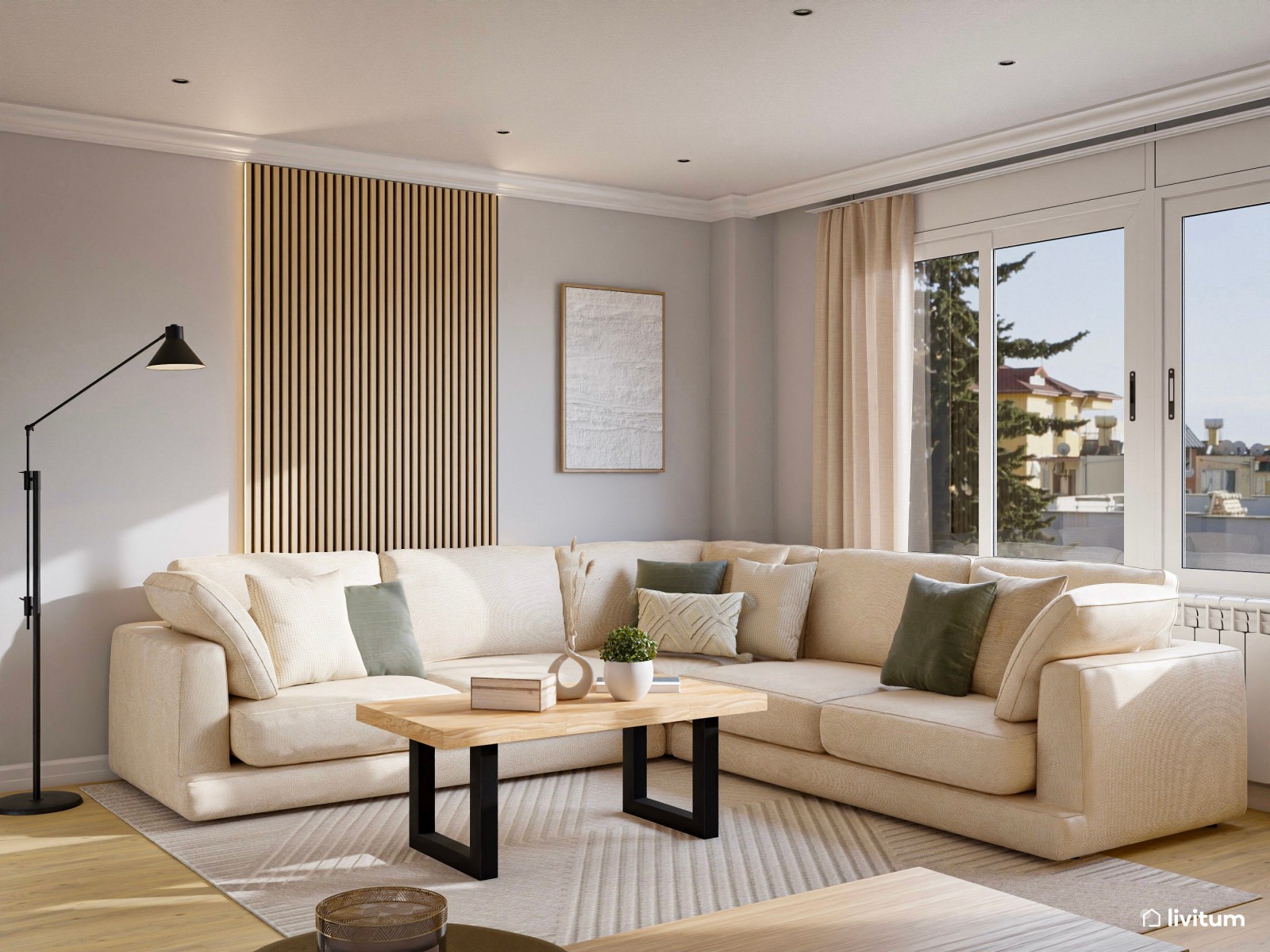 Salón cuadrado en madera clara y fibras naturales