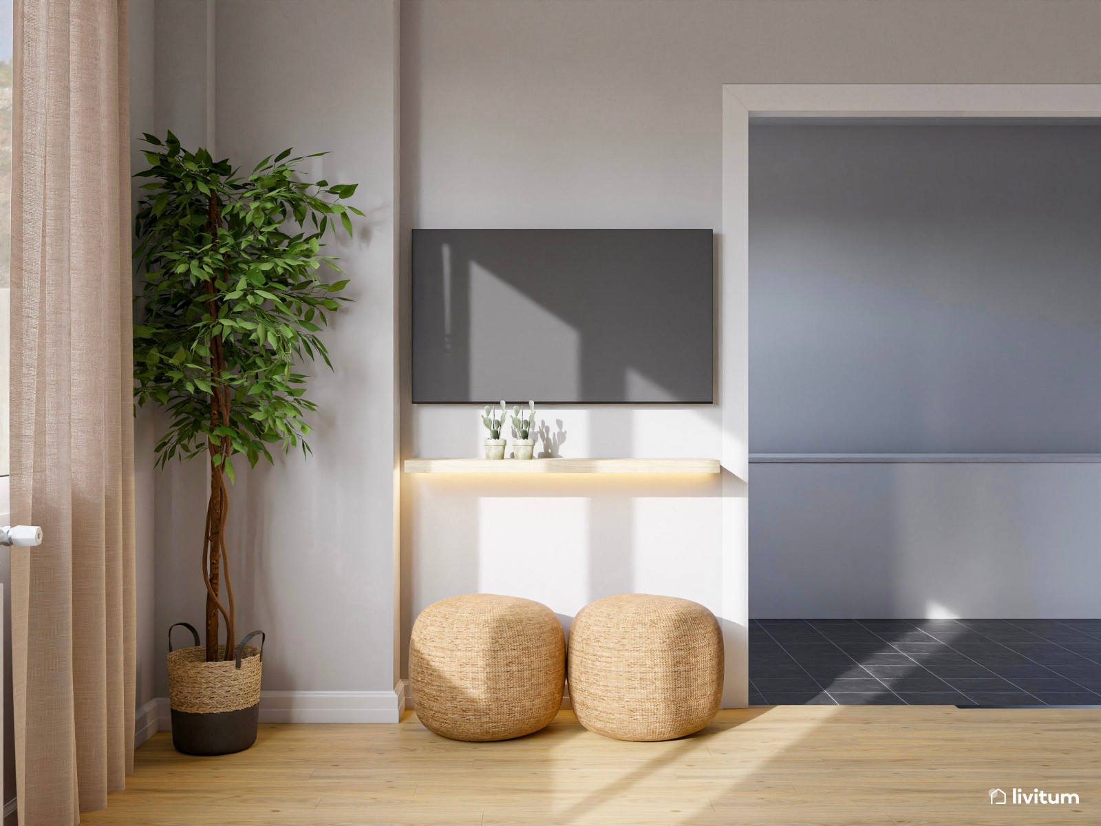 Salón cuadrado en madera clara y fibras naturales