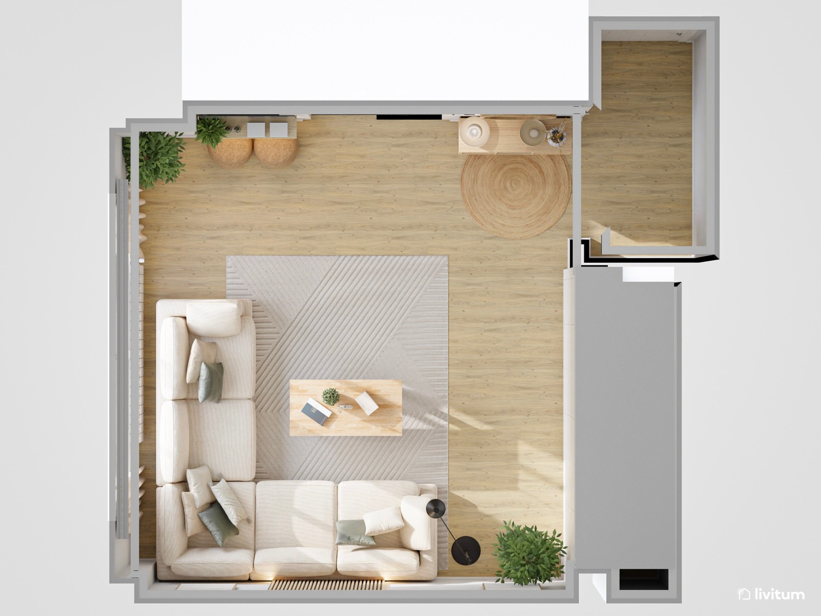 Salón cuadrado en madera clara y fibras naturales