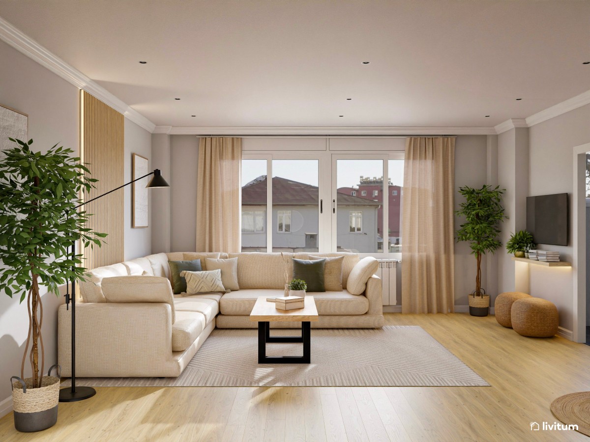 Salón cuadrado en madera clara y fibras naturales