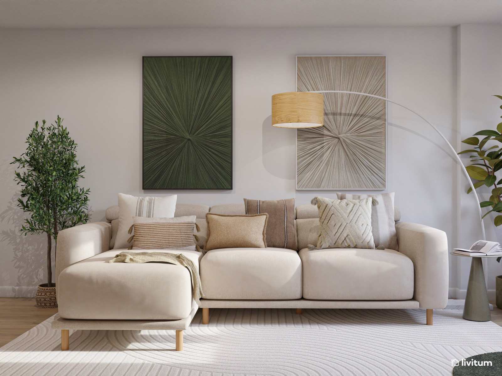 Salón de 20 m² con detalles en verde y fibras naturales