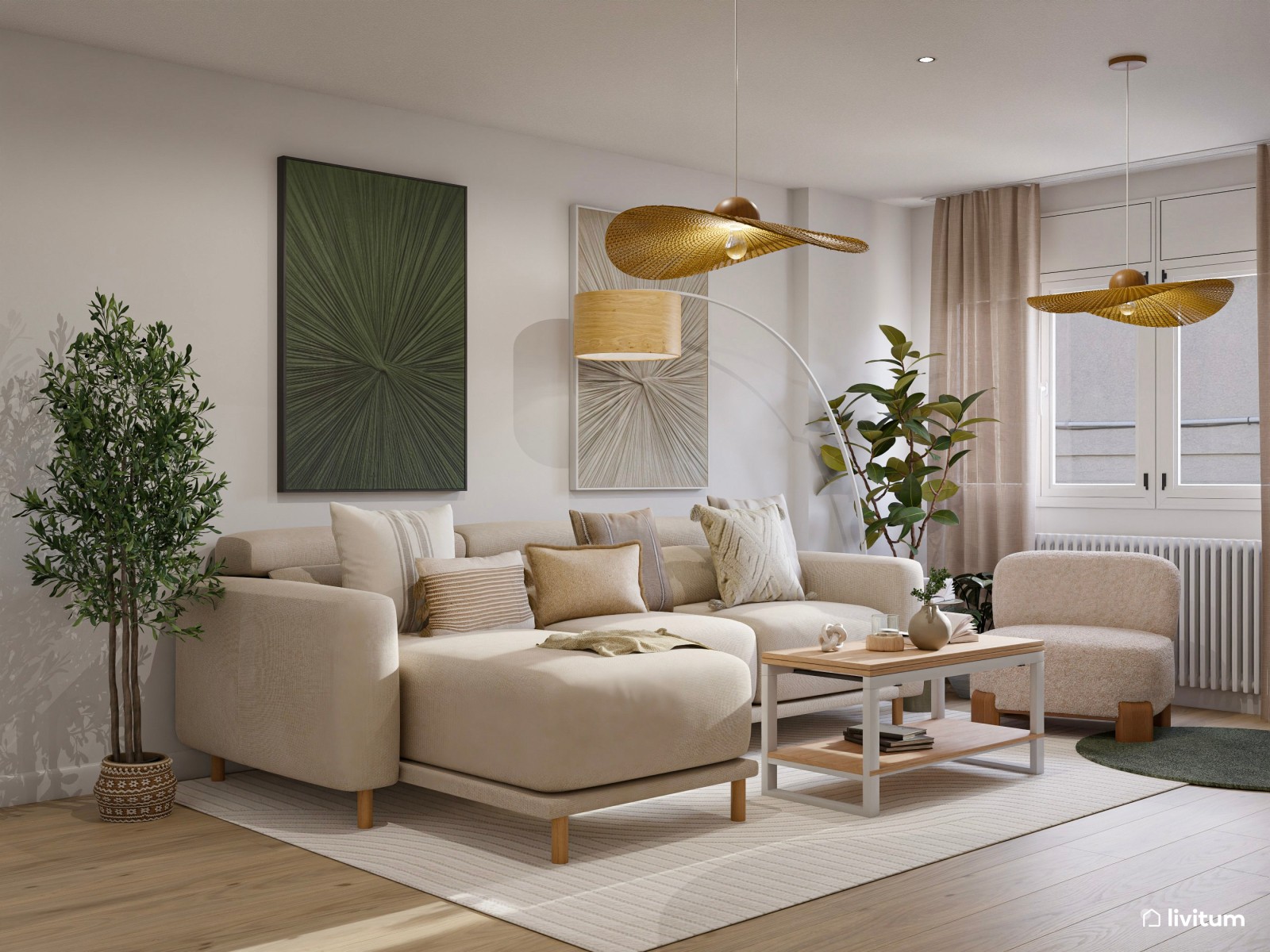 Salón de 20 m² con detalles en verde y fibras naturales