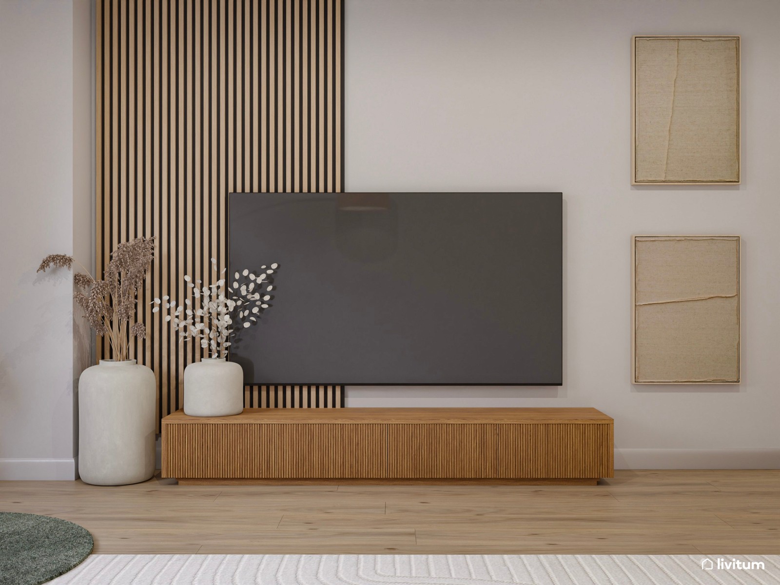 Salón de 20 m² con detalles en verde y fibras naturales