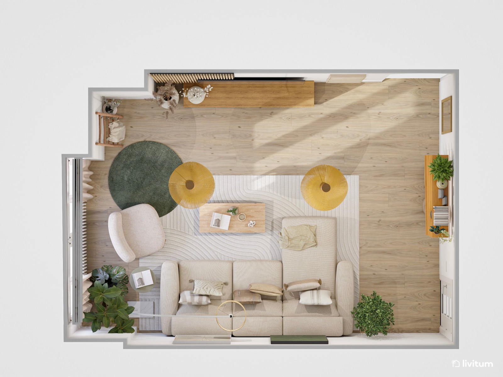 Salón de 20 m² con detalles en verde y fibras naturales