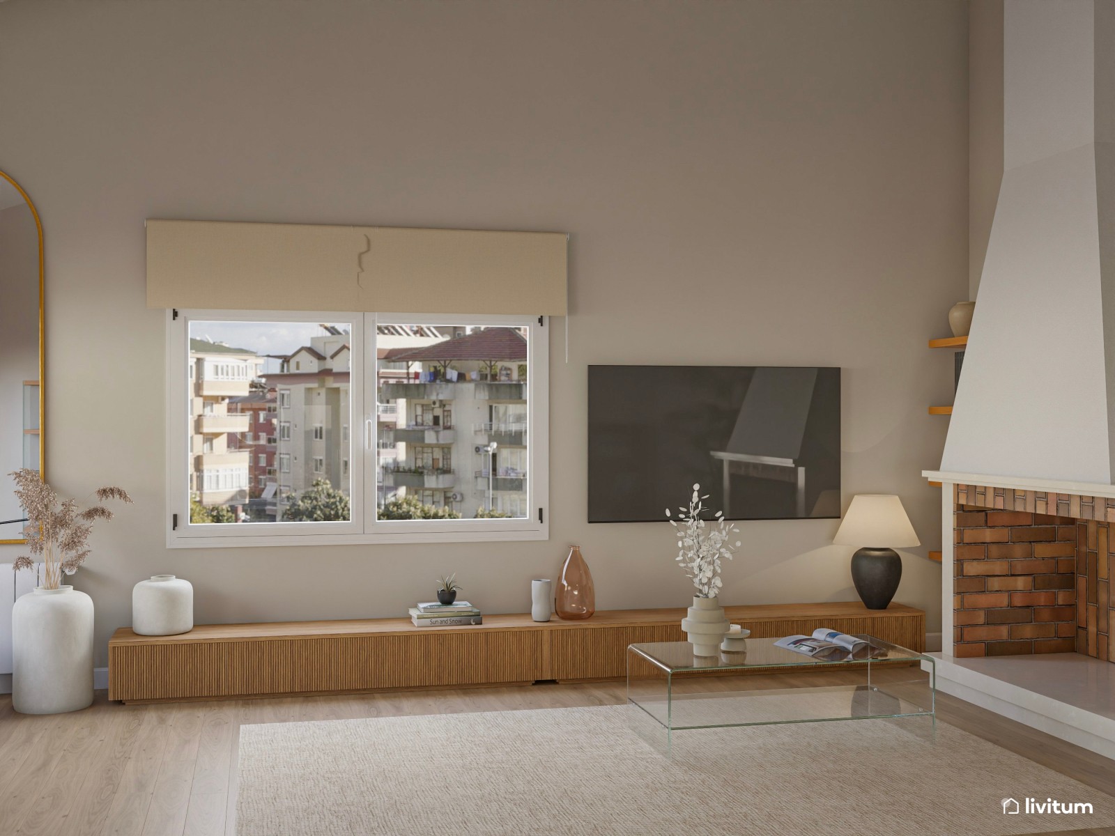 Salón de baja escala con chimenea y guiños mid century