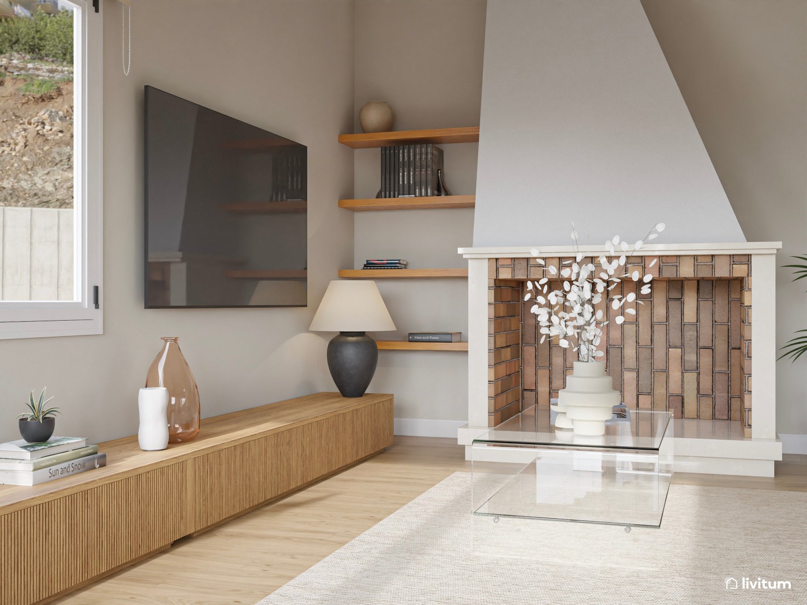 Salón de baja escala con chimenea y guiños mid century