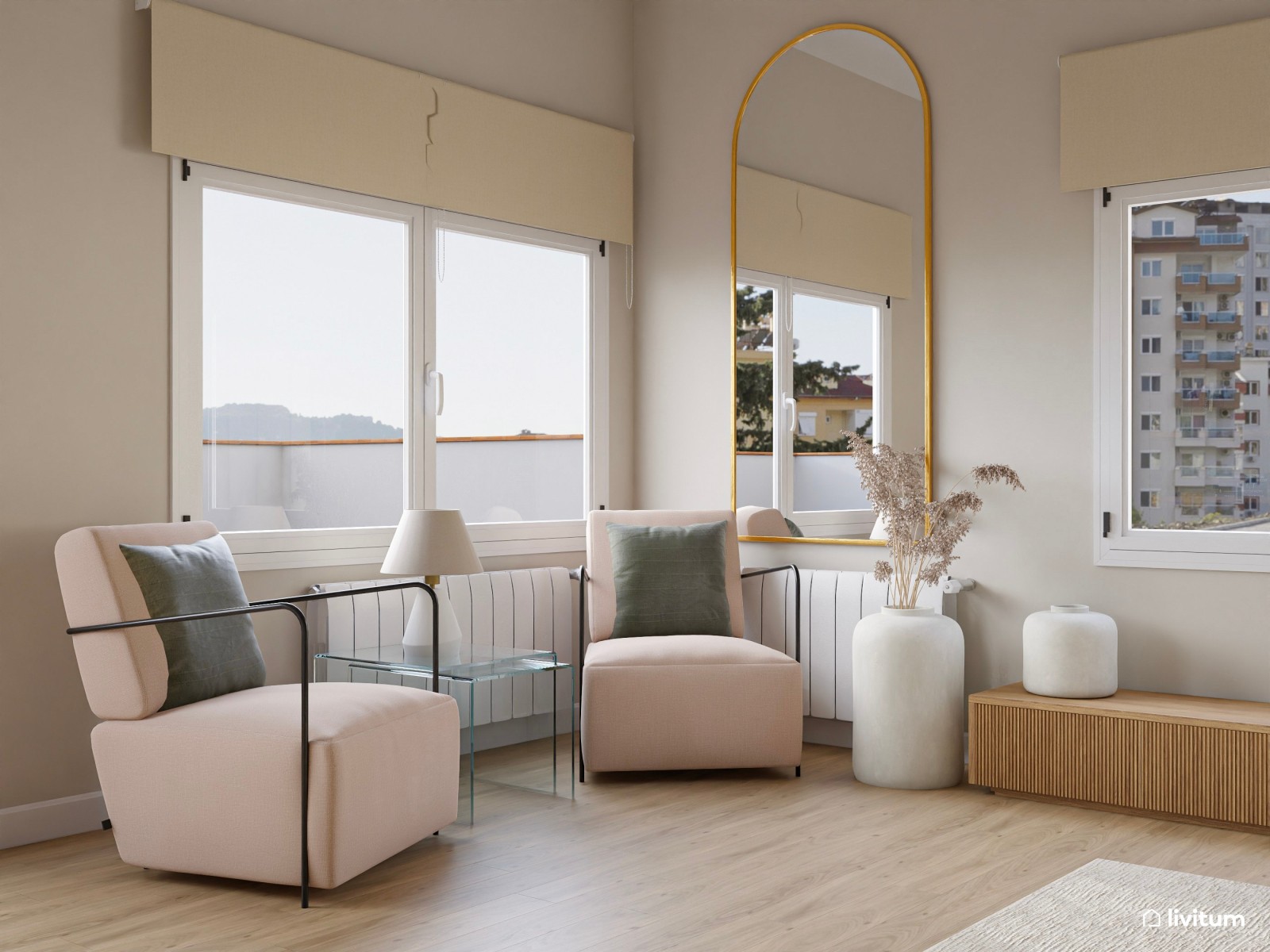 Salón de baja escala con chimenea y guiños mid century