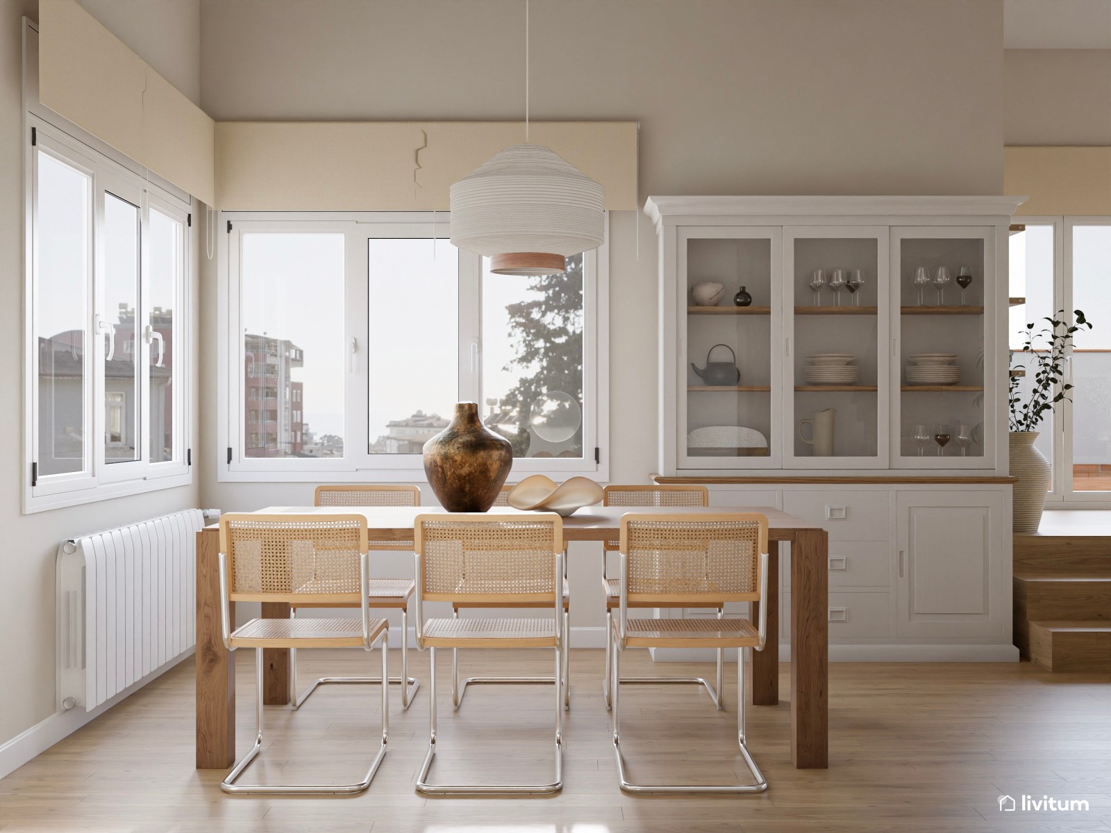 Salón de baja escala con chimenea y guiños mid century