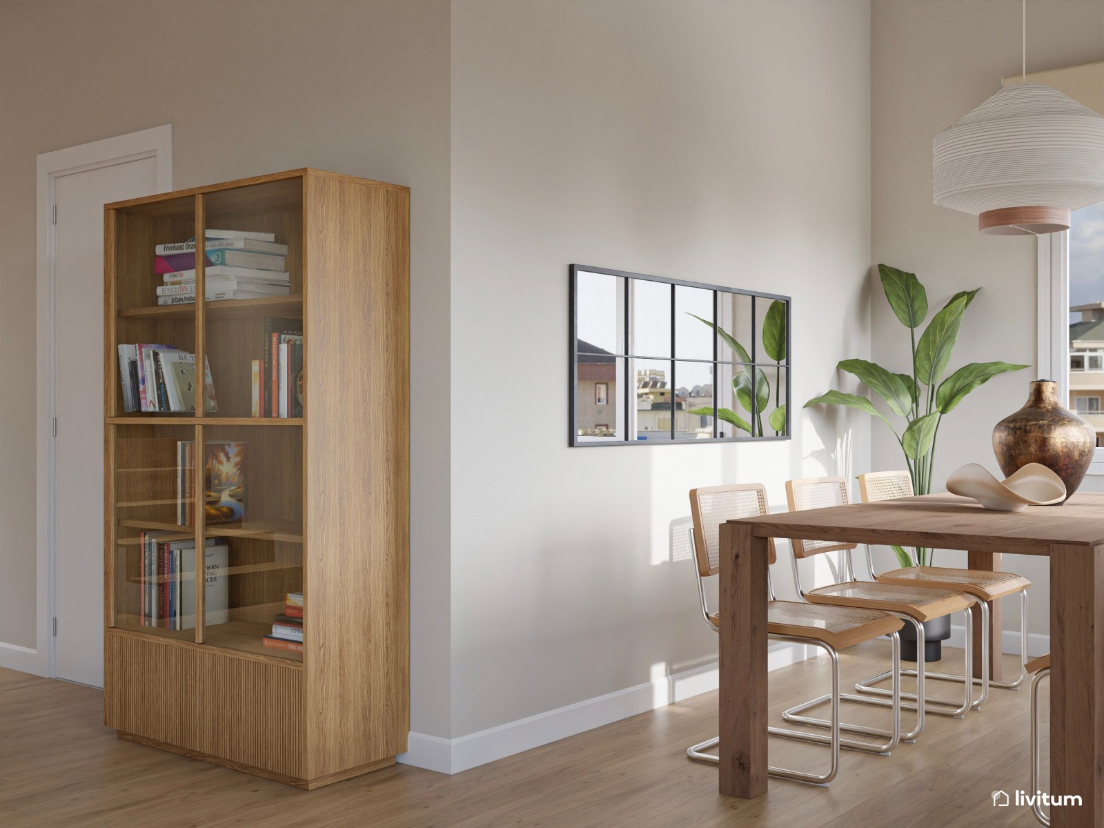 Salón de baja escala con chimenea y guiños mid century