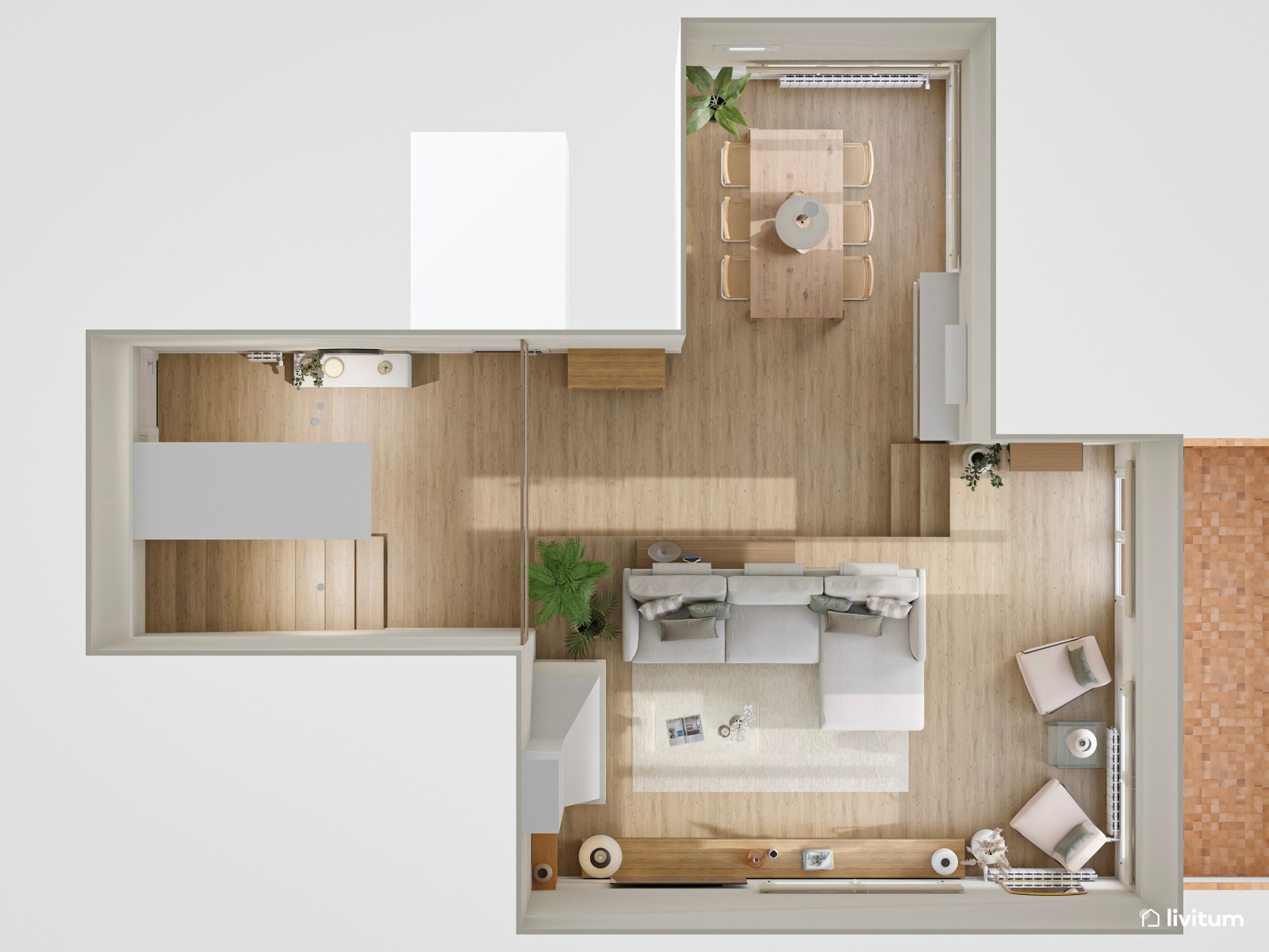 Salón de baja escala con chimenea y guiños mid century