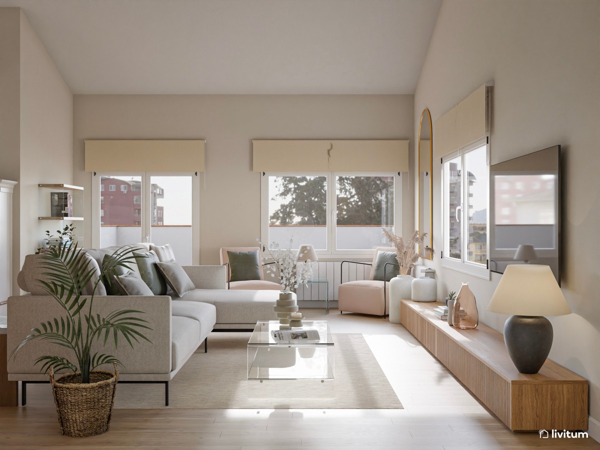 Salón de baja escala con chimenea y guiños mid century