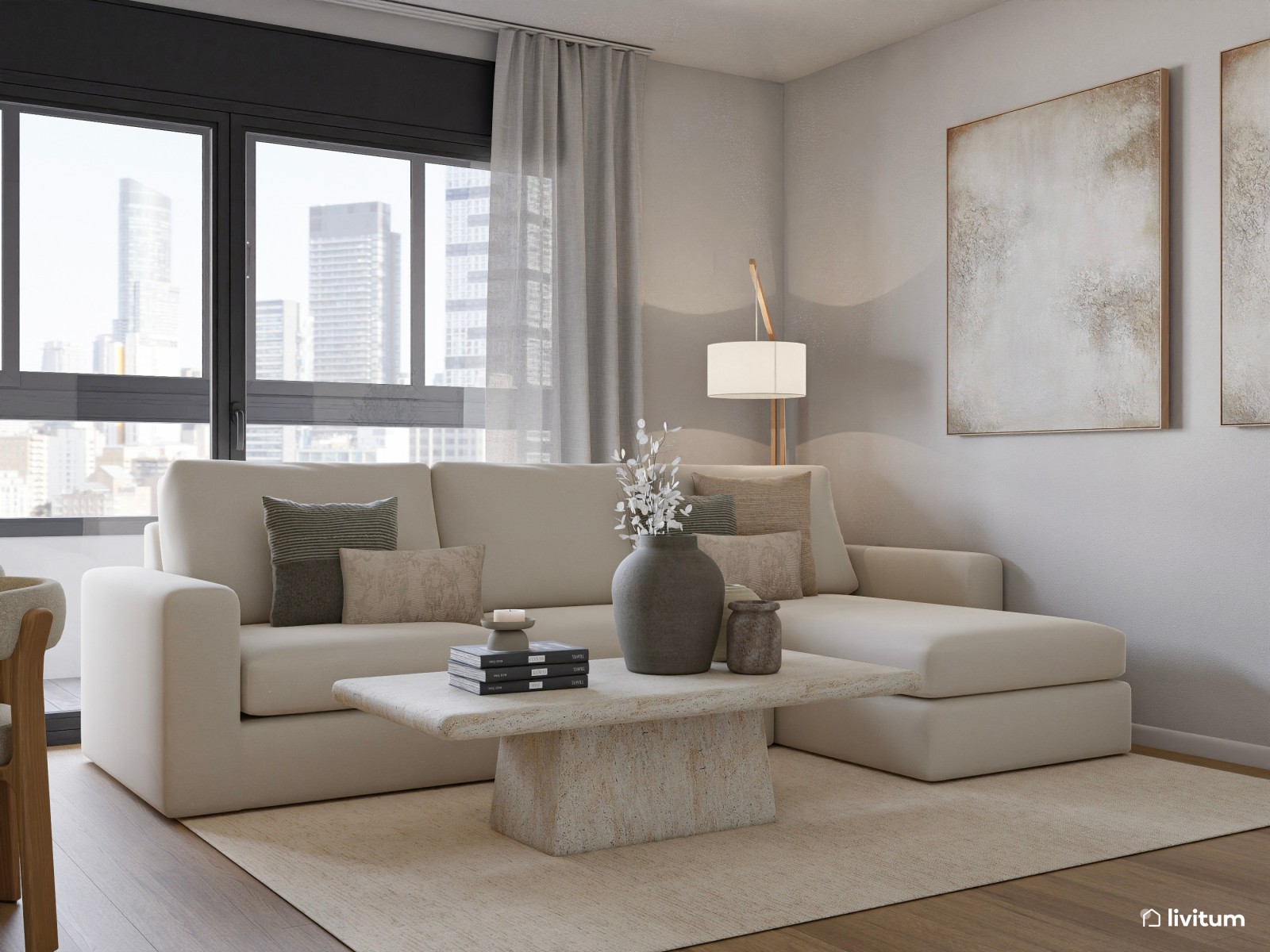 Salón de colores clásicos con mobiliario moderno de líneas suaves