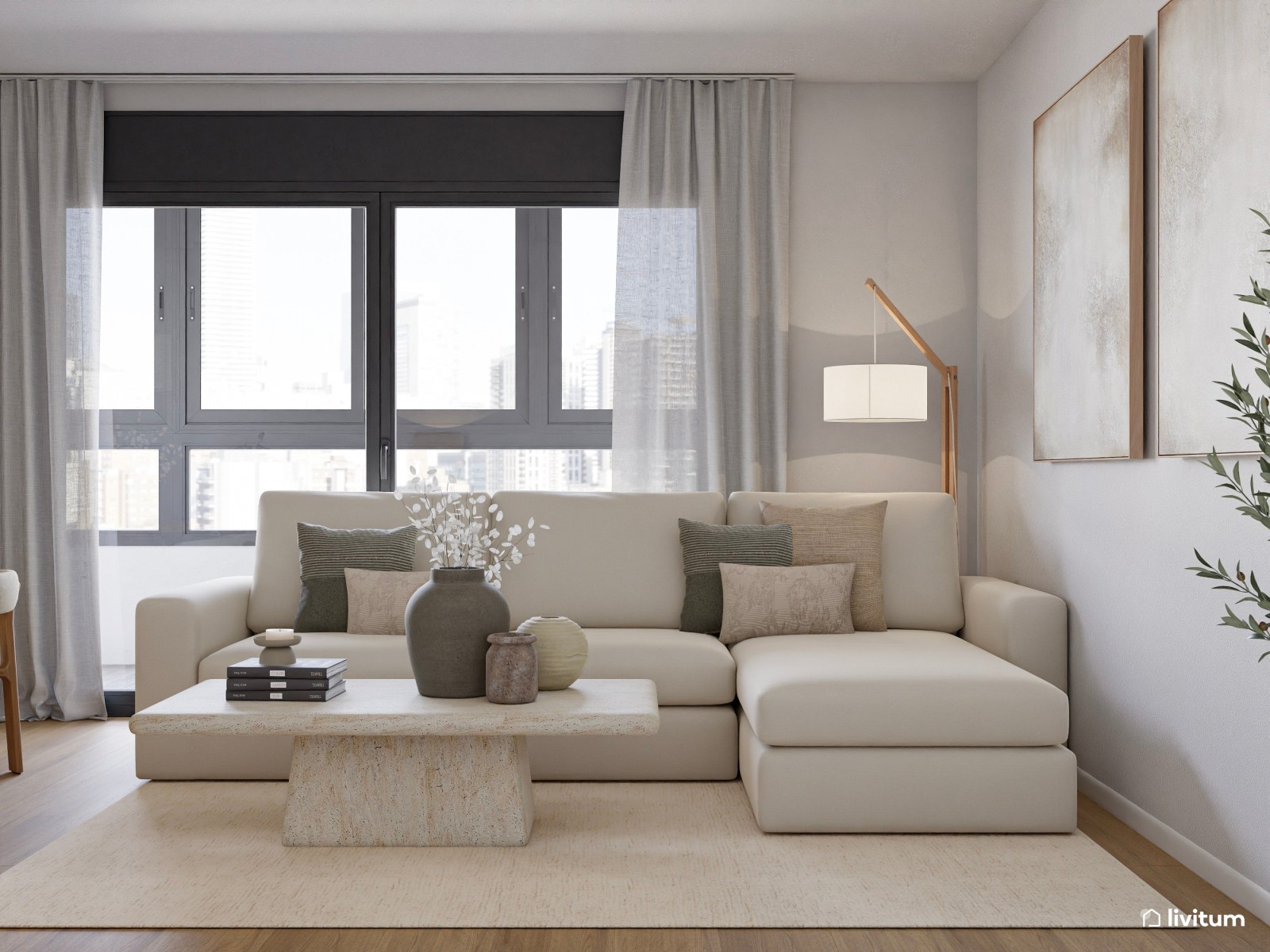 Salón de colores clásicos con mobiliario moderno de líneas suaves