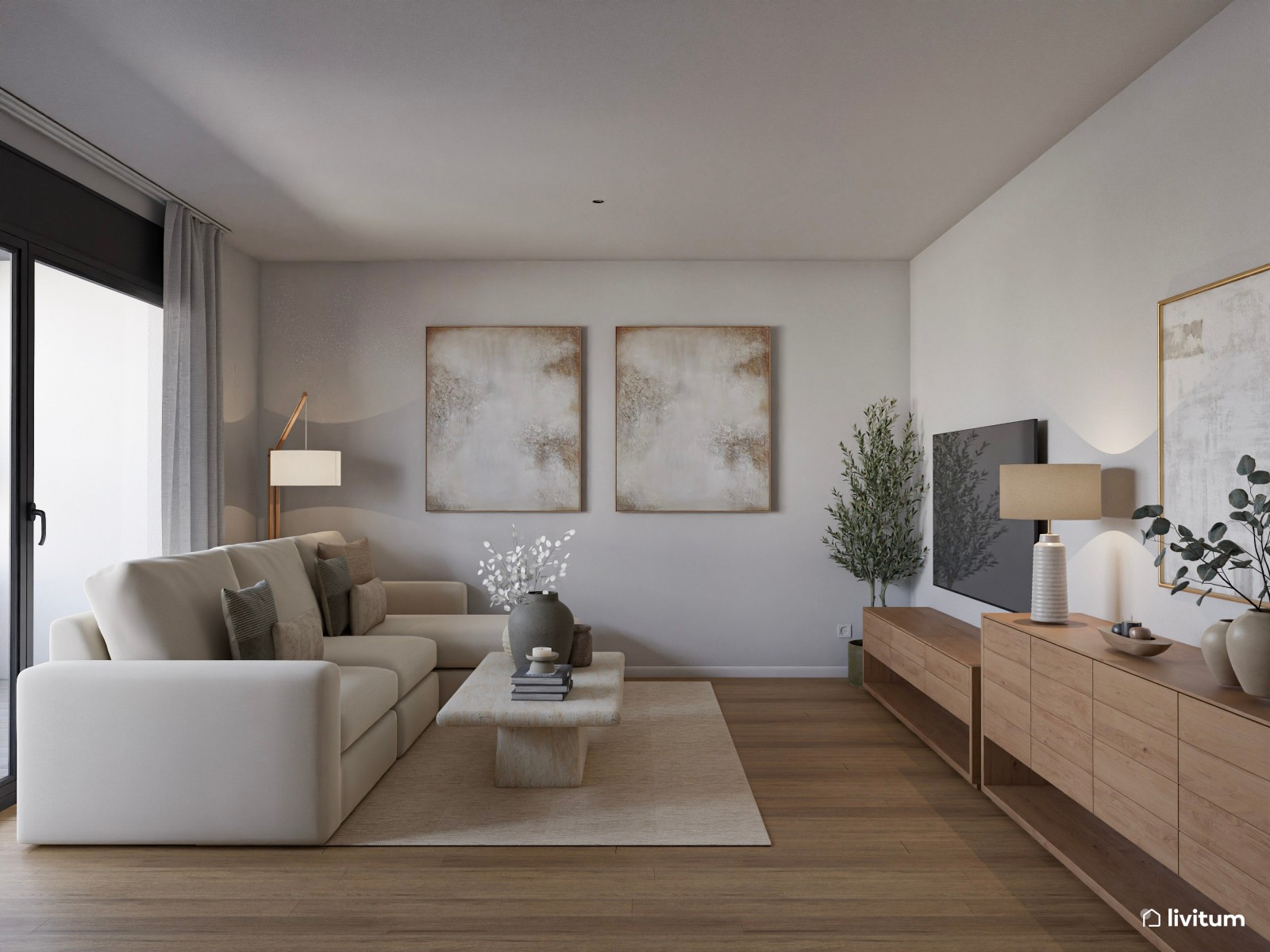 Salón de colores clásicos con mobiliario moderno de líneas suaves