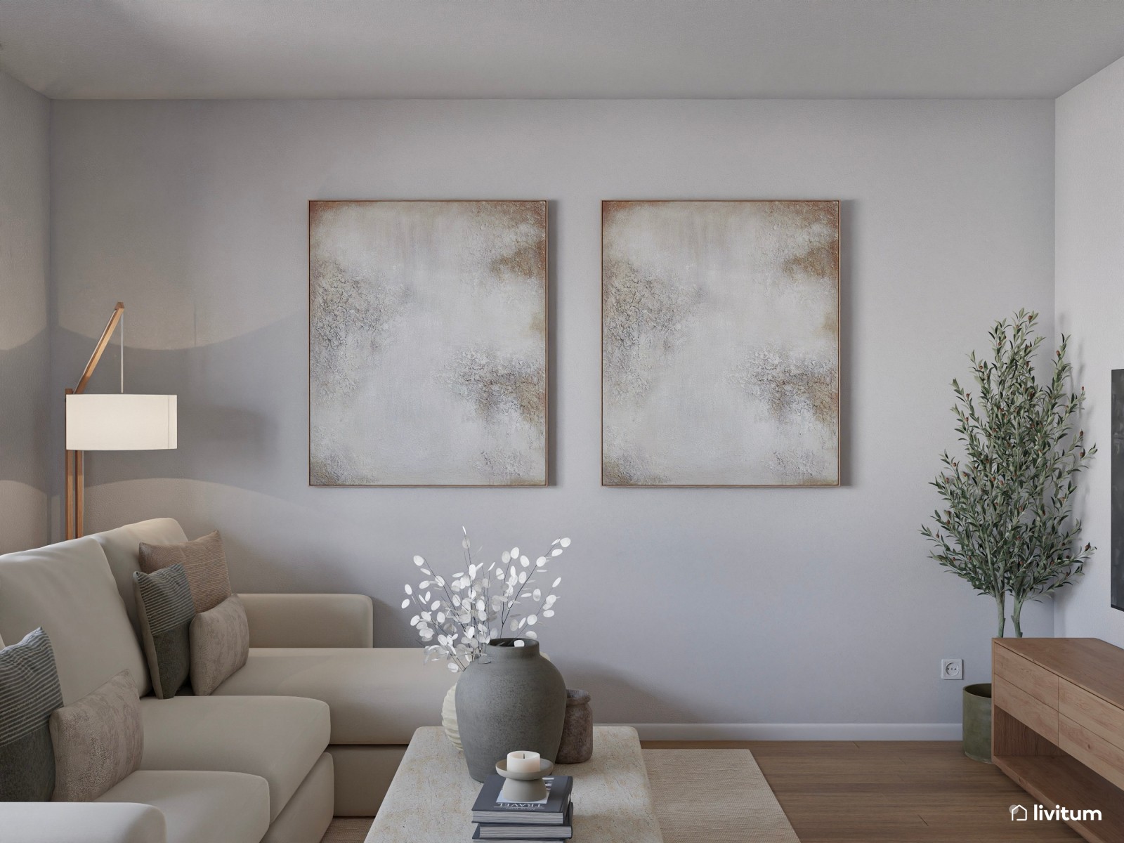 Salón de colores clásicos con mobiliario moderno de líneas suaves