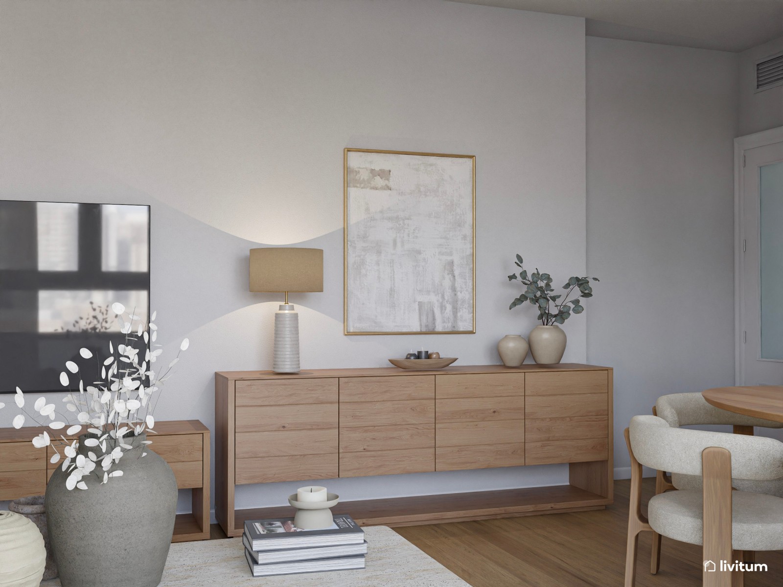 Salón de colores clásicos con mobiliario moderno de líneas suaves