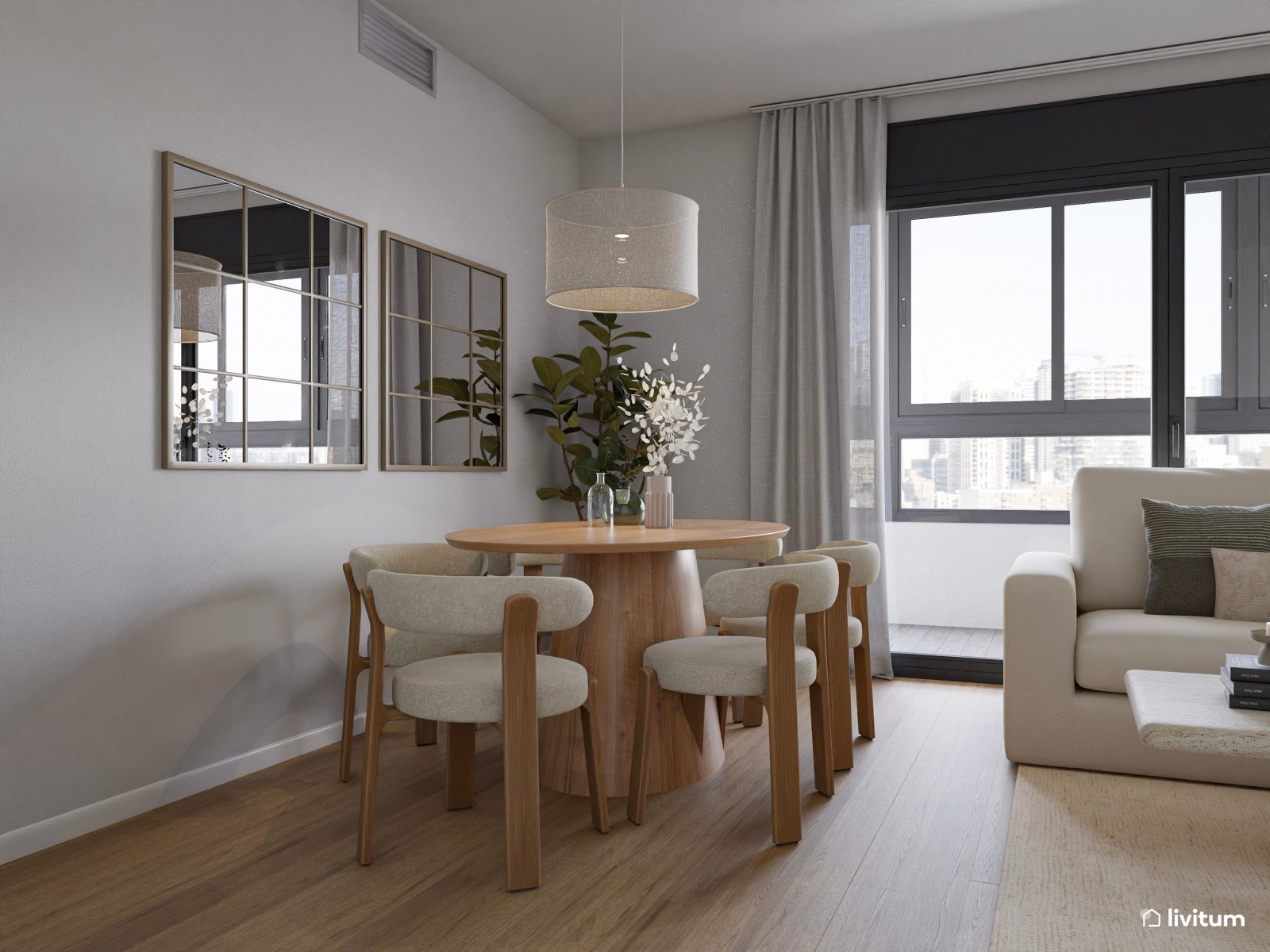 Salón de colores clásicos con mobiliario moderno de líneas suaves