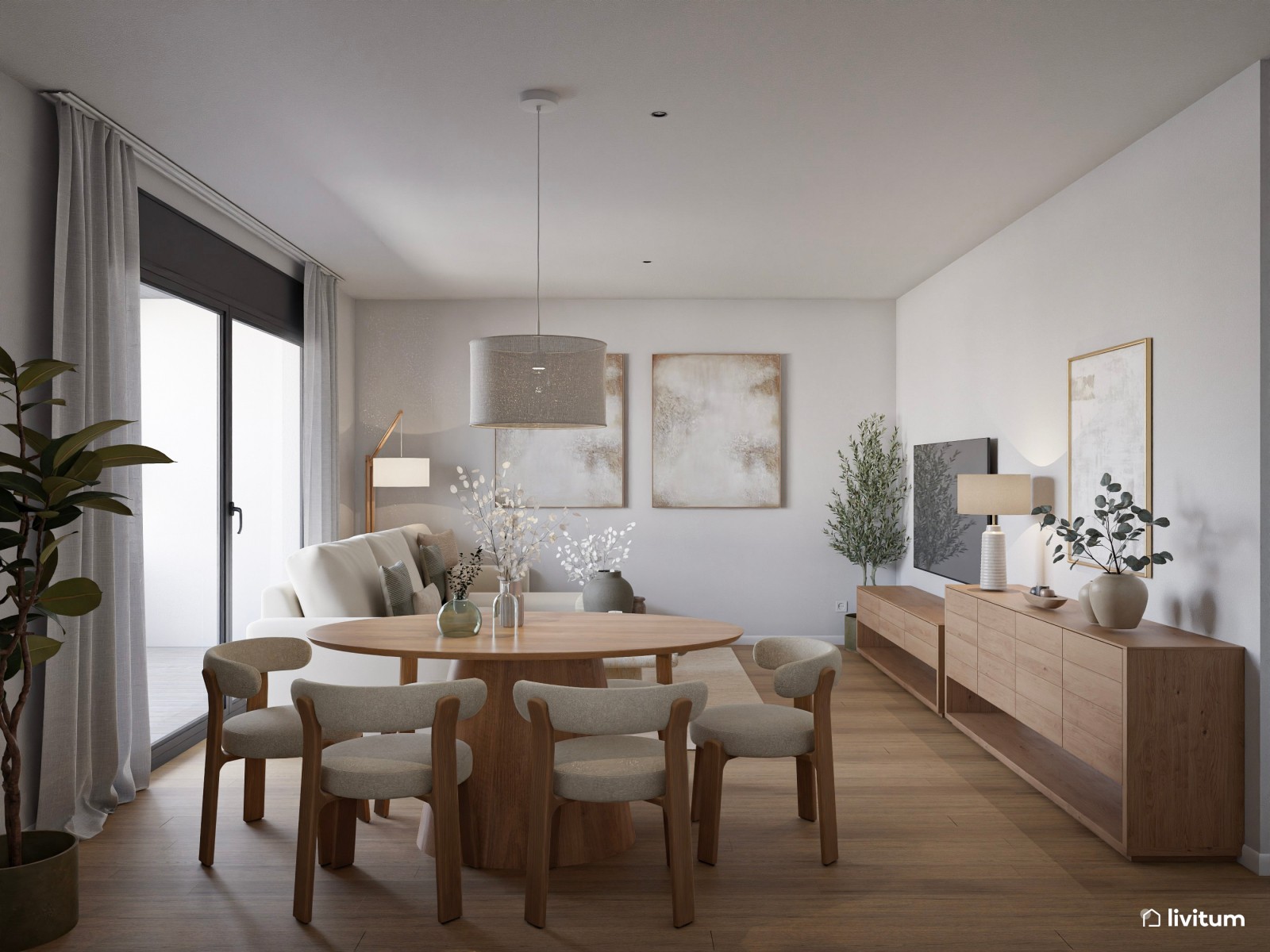 Salón de colores clásicos con mobiliario moderno de líneas suaves