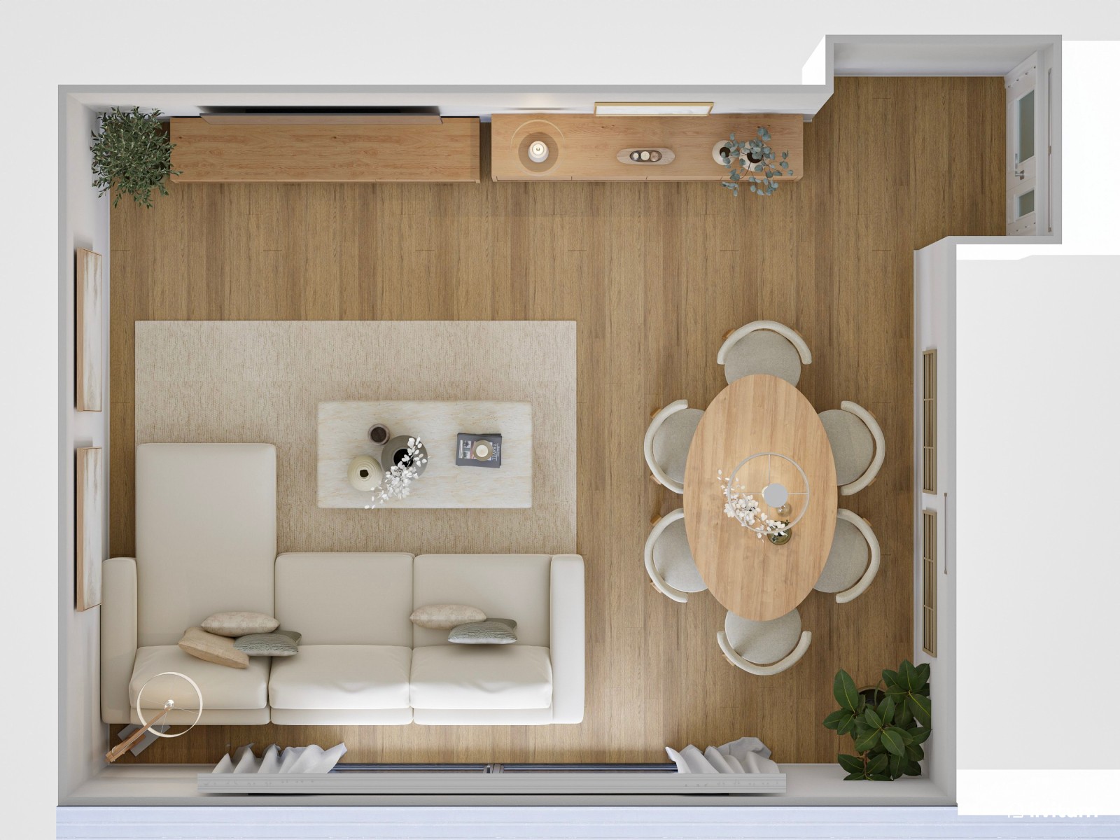 Salón de colores clásicos con mobiliario moderno de líneas suaves