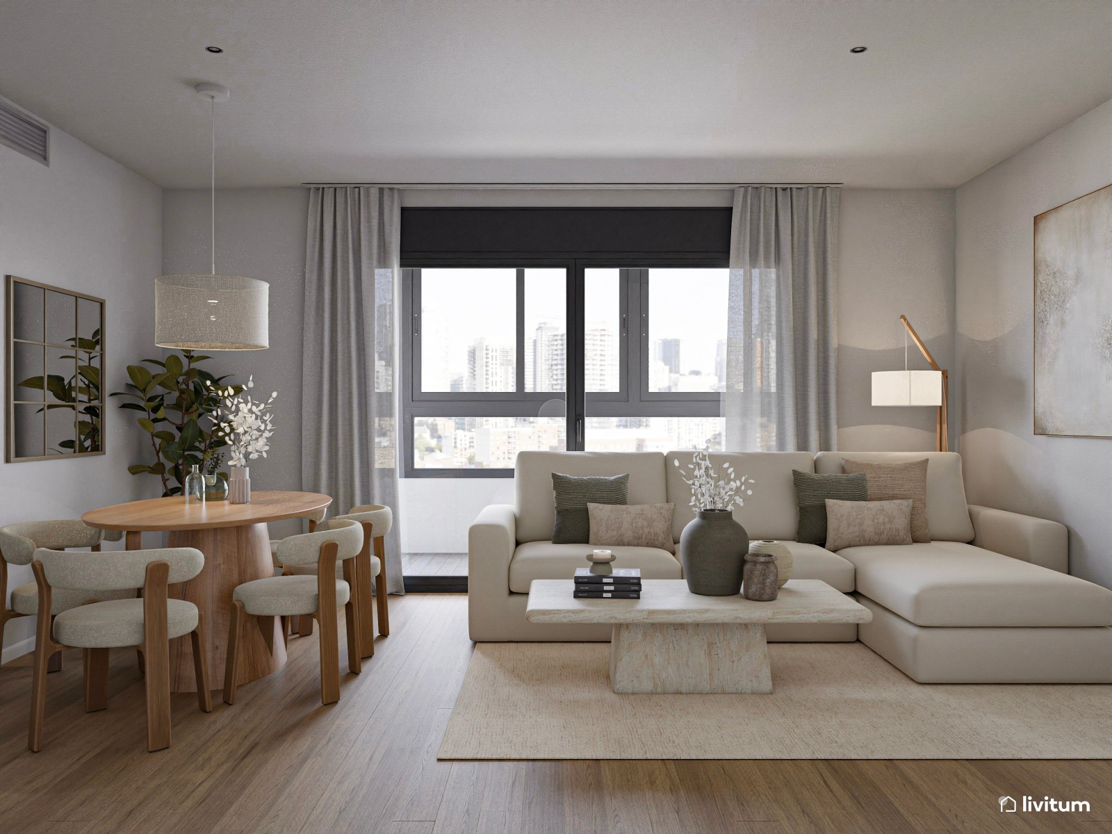 Salón de colores clásicos con mobiliario moderno de líneas suaves