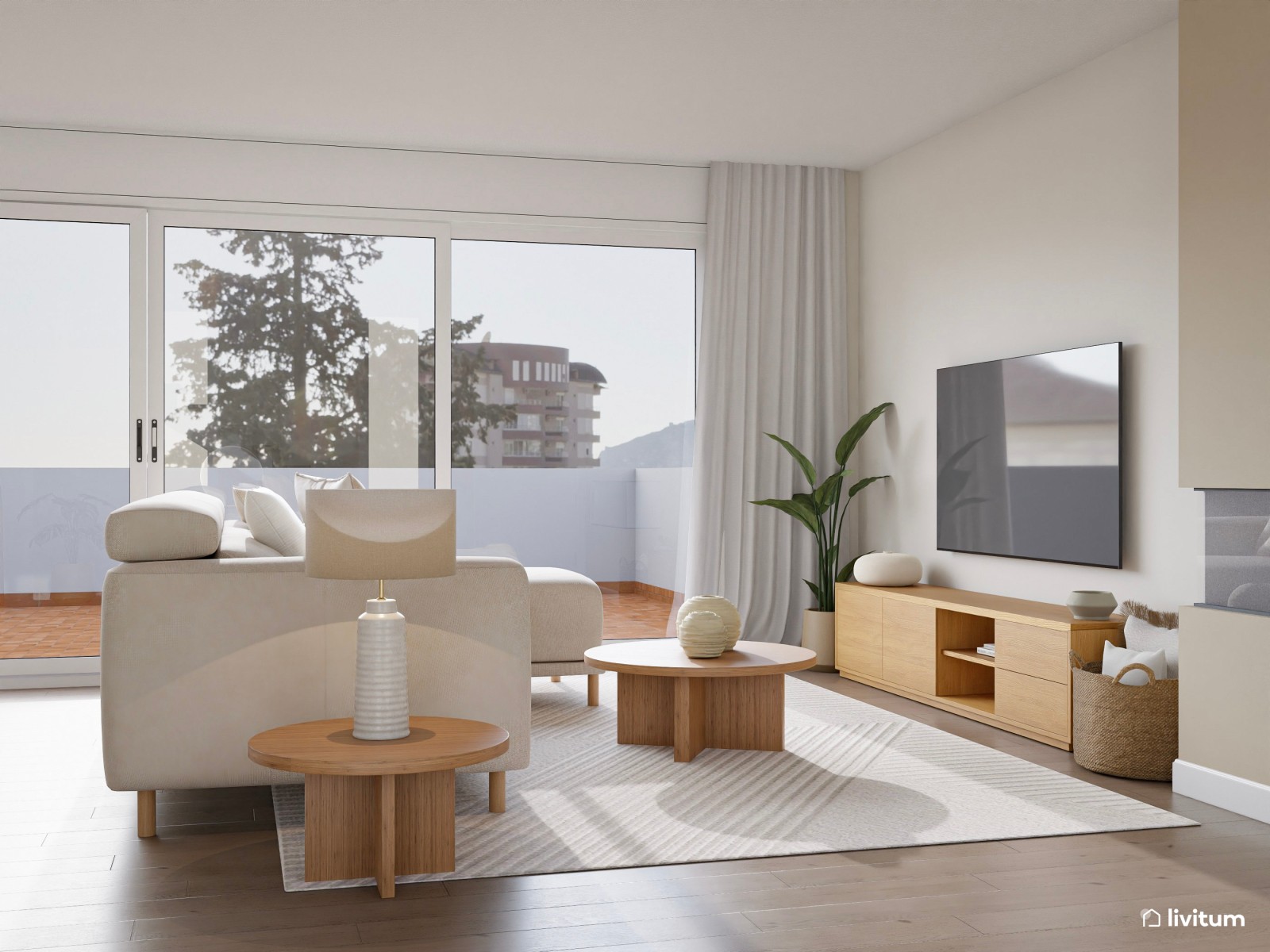 Salón de estilo minimalista con chimenea moderna y cocina abierta