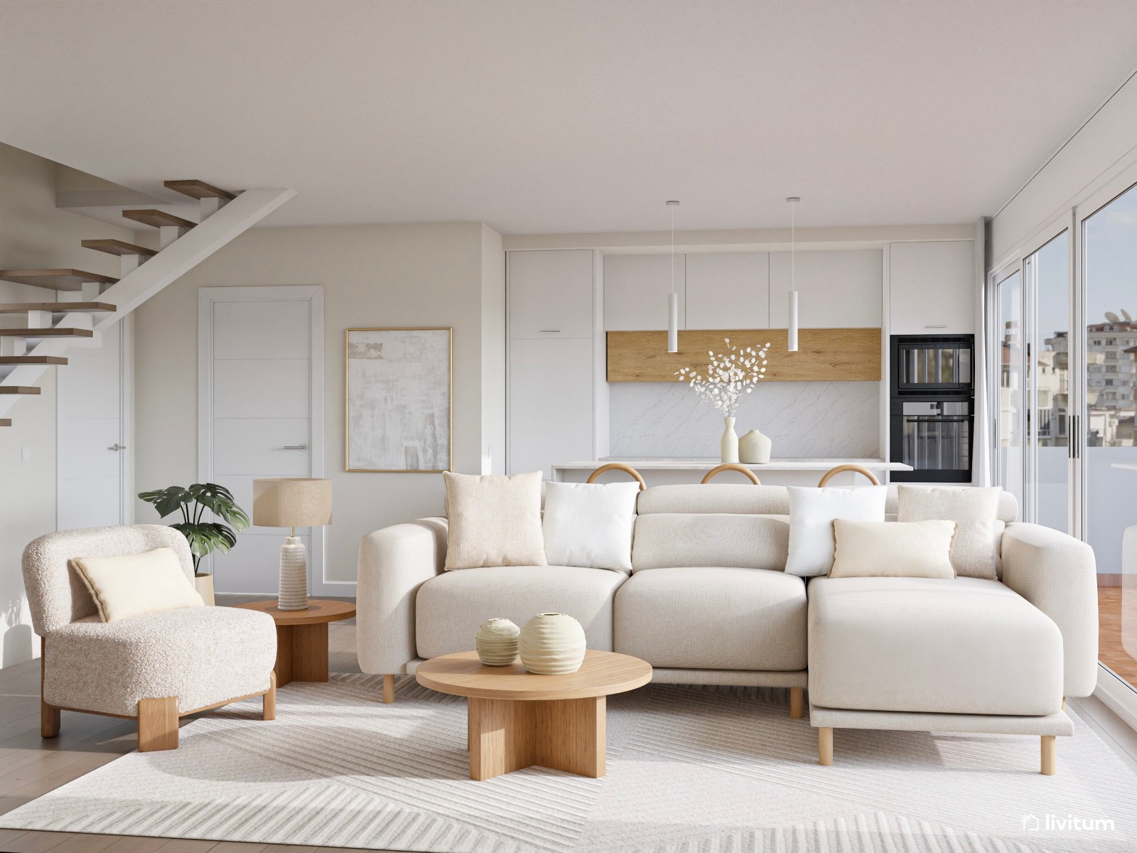 Salón de estilo minimalista con chimenea moderna y cocina abierta