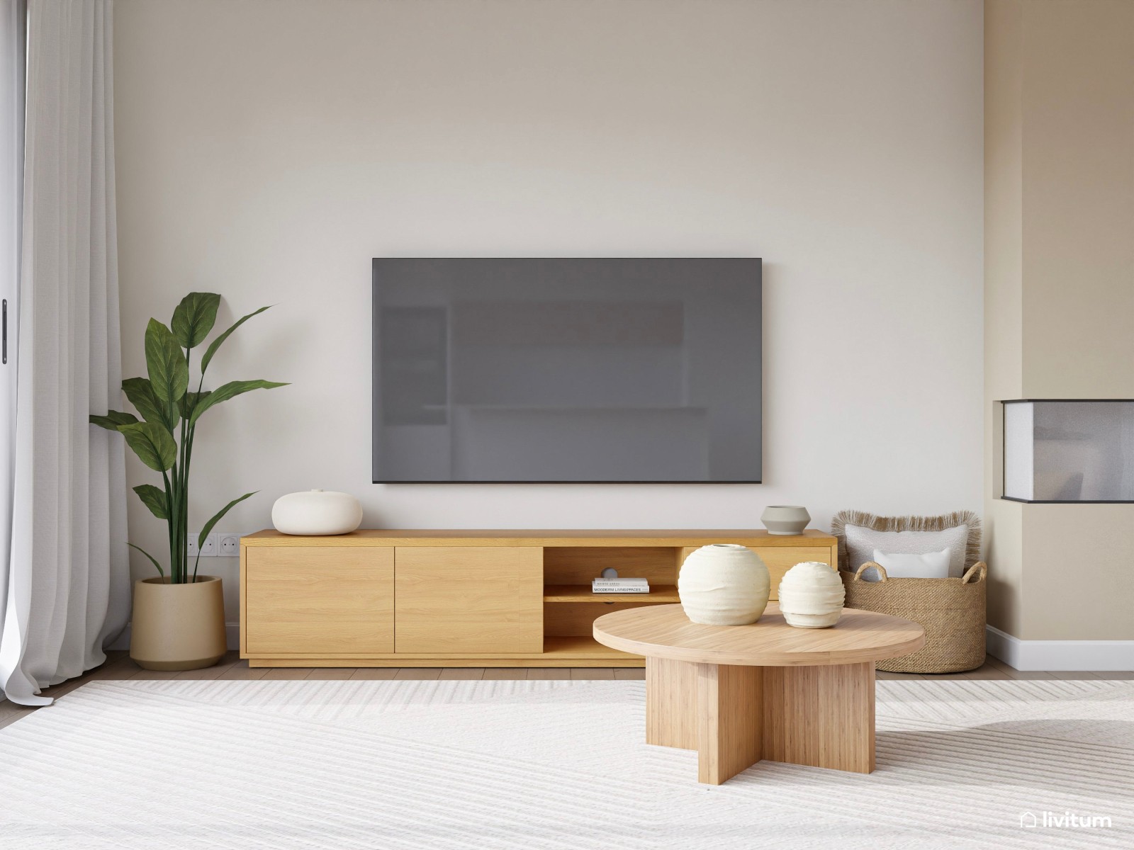 Salón de estilo minimalista con chimenea moderna y cocina abierta