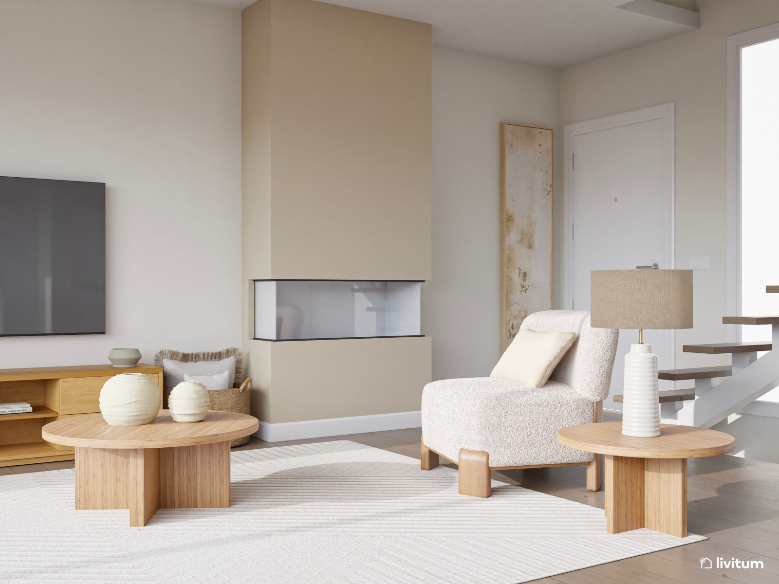 Salón de estilo minimalista con chimenea moderna y cocina abierta