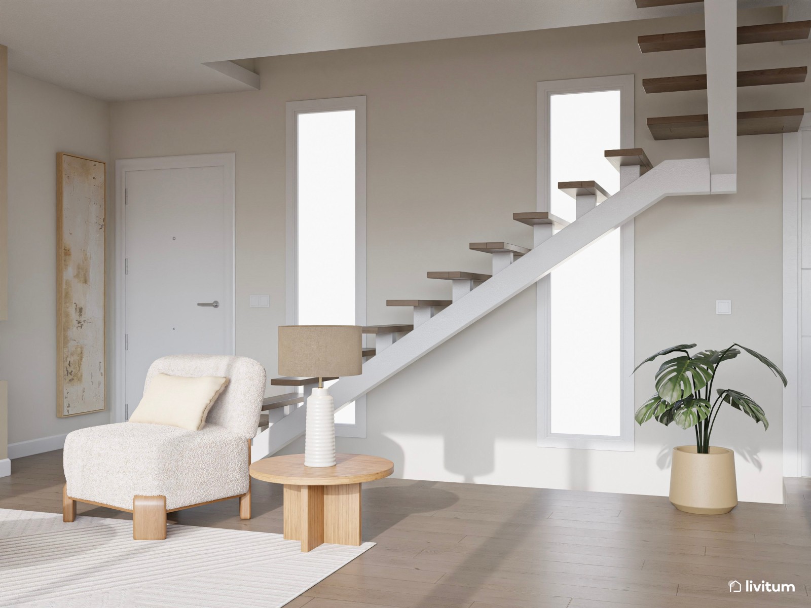 Salón de estilo minimalista con chimenea moderna y cocina abierta