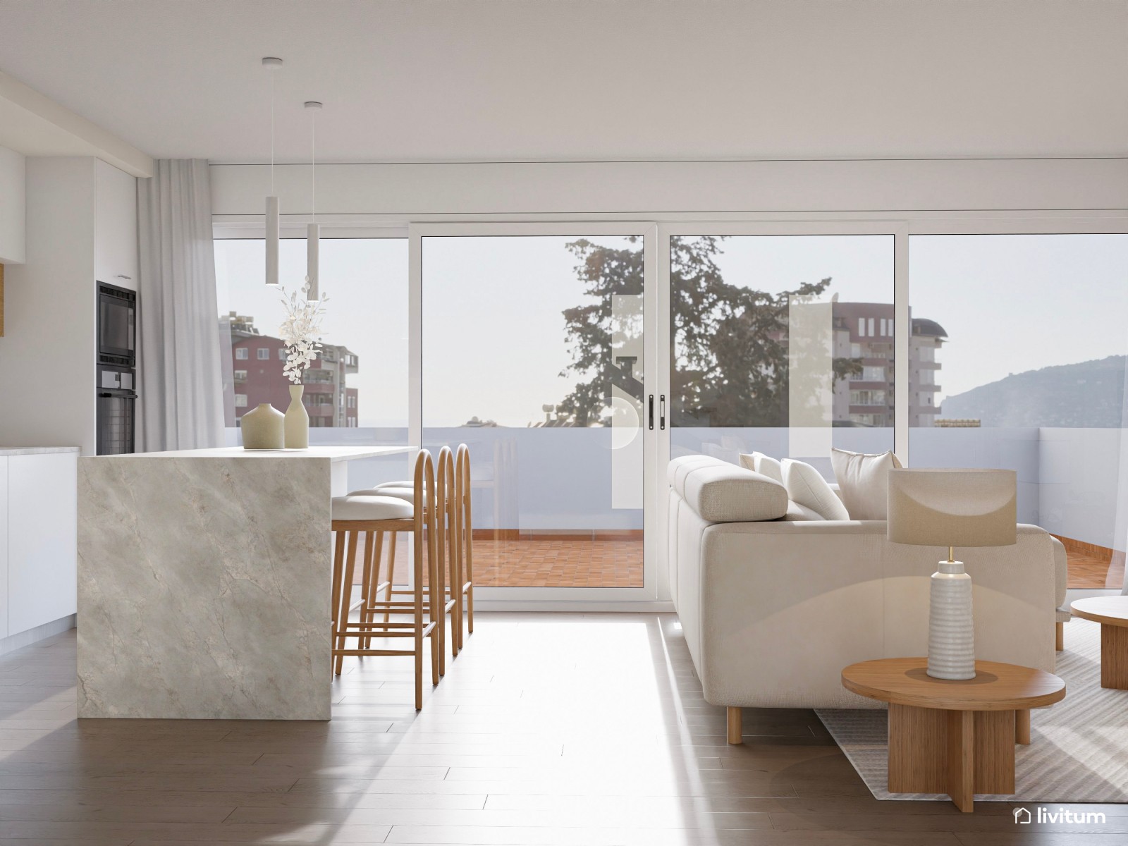 Salón de estilo minimalista con chimenea moderna y cocina abierta