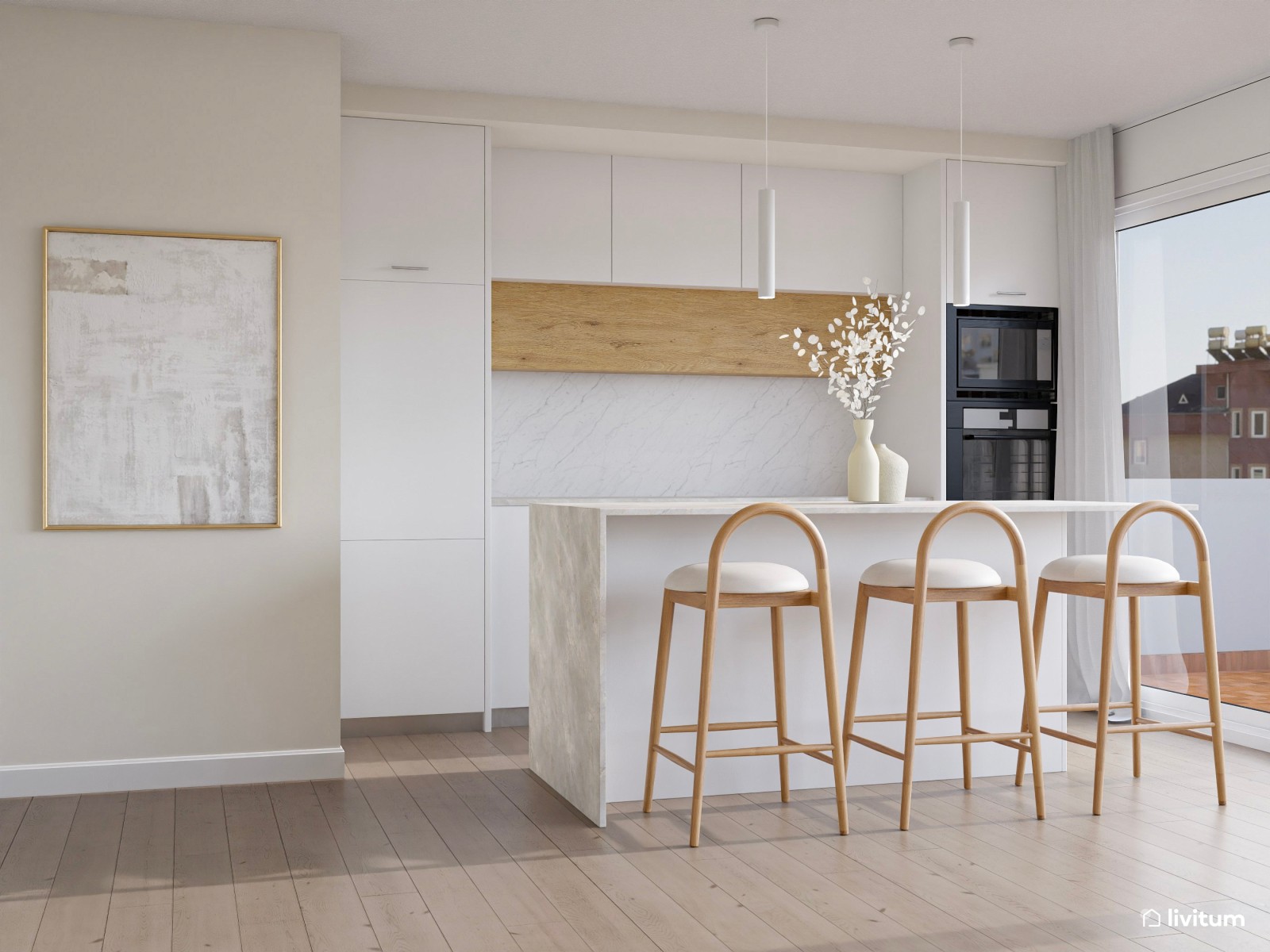 Salón de estilo minimalista con chimenea moderna y cocina abierta