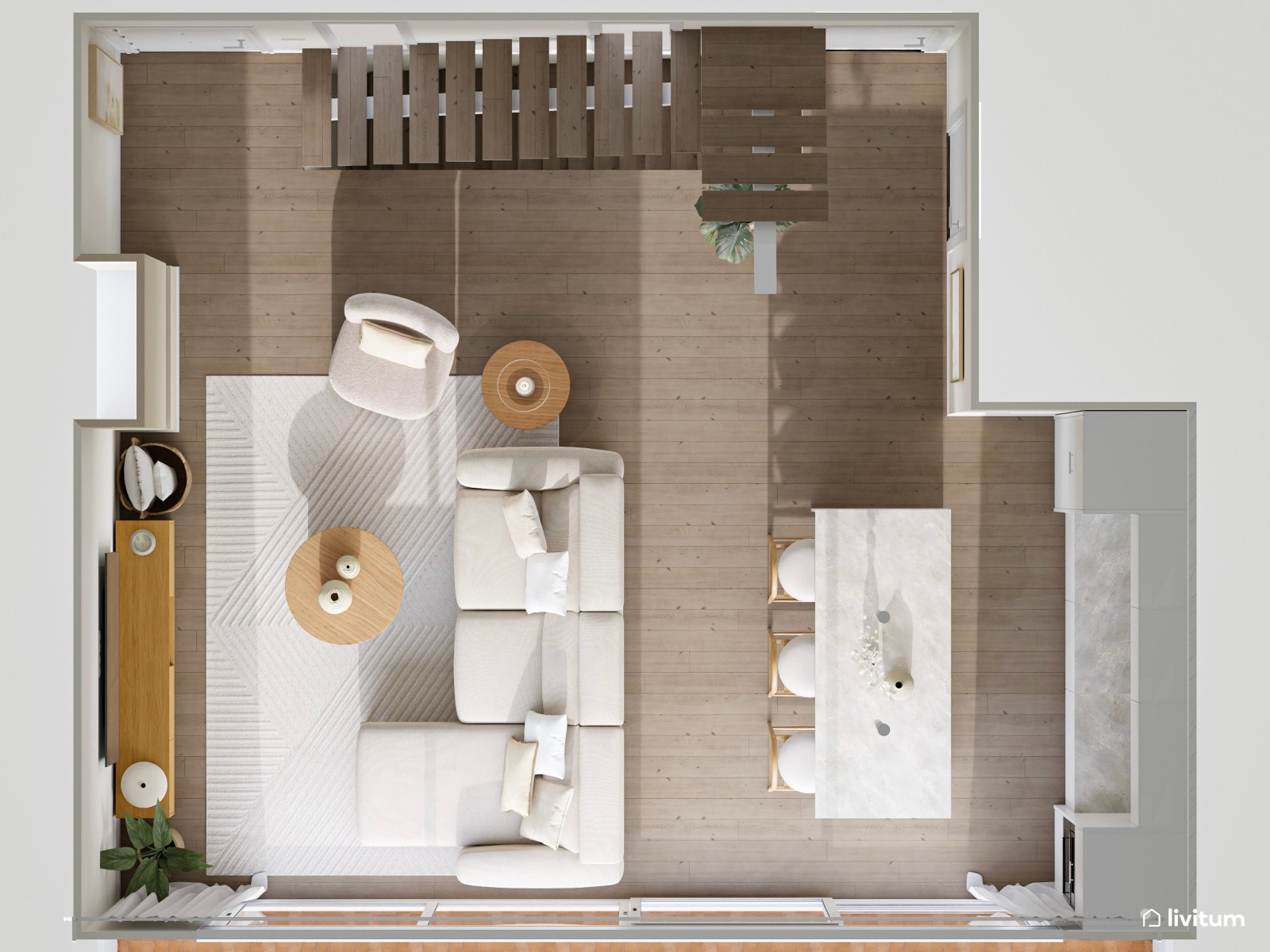 Salón de estilo minimalista con chimenea moderna y cocina abierta