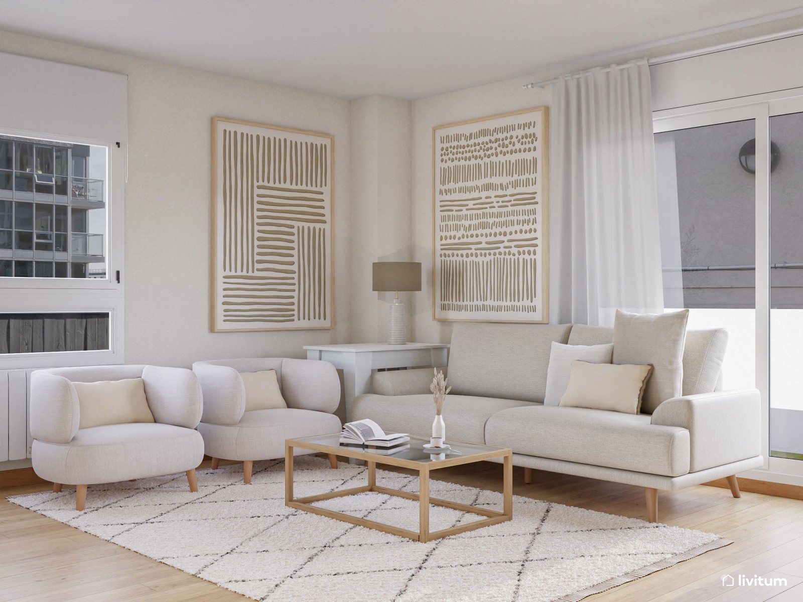 Salón de estilo minimalista con sutiles detalles en madera