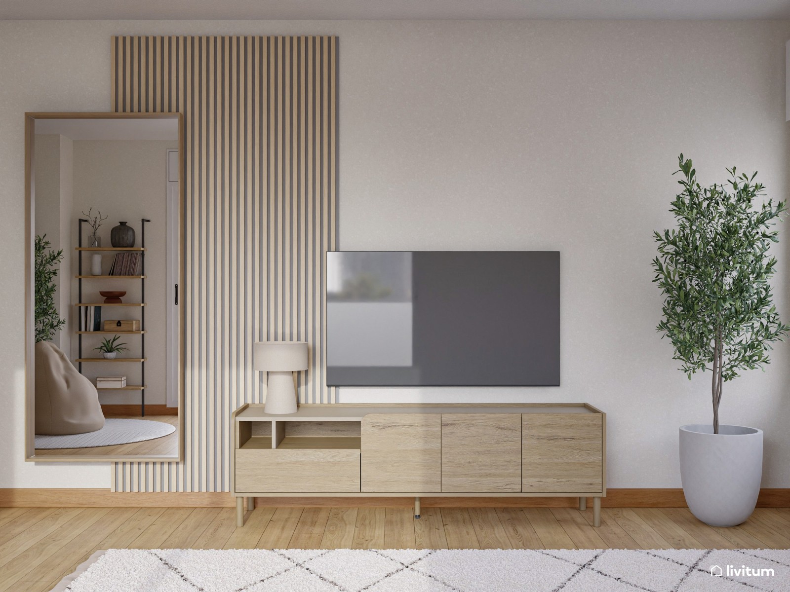 Salón de estilo minimalista con sutiles detalles en madera