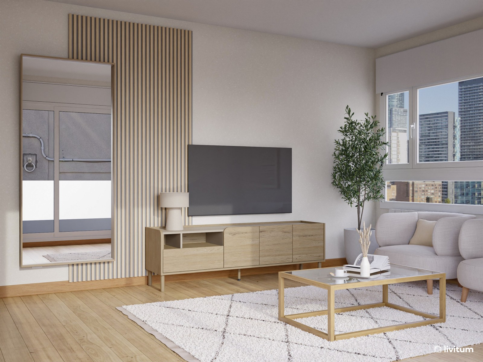 Salón de estilo minimalista con sutiles detalles en madera