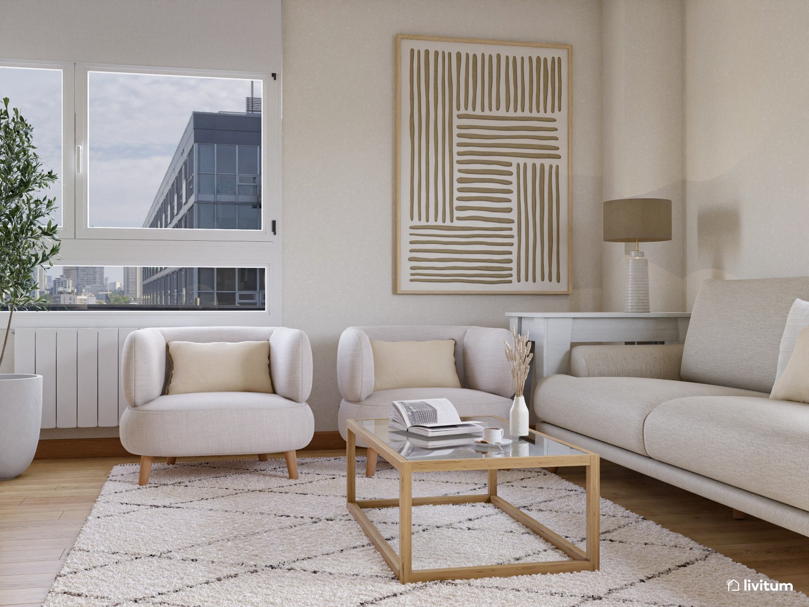 Salón de estilo minimalista con sutiles detalles en madera