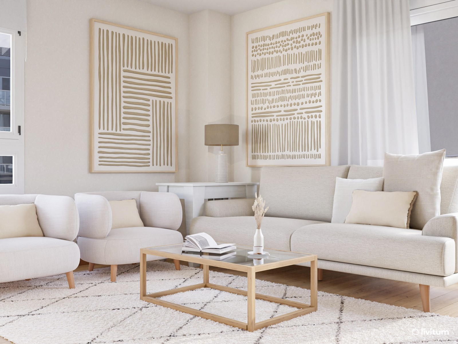 Salón de estilo minimalista con sutiles detalles en madera