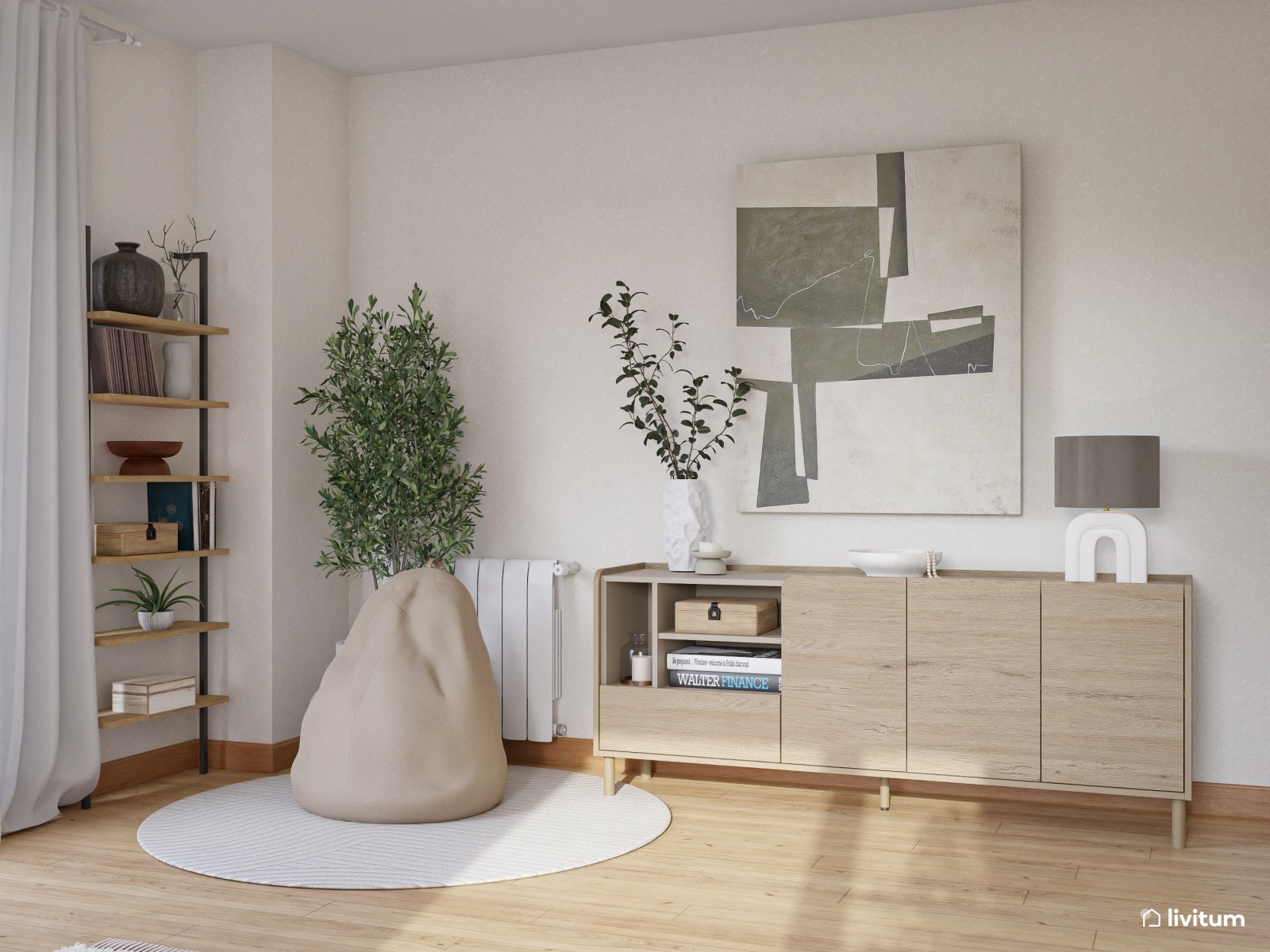 Salón de estilo minimalista con sutiles detalles en madera