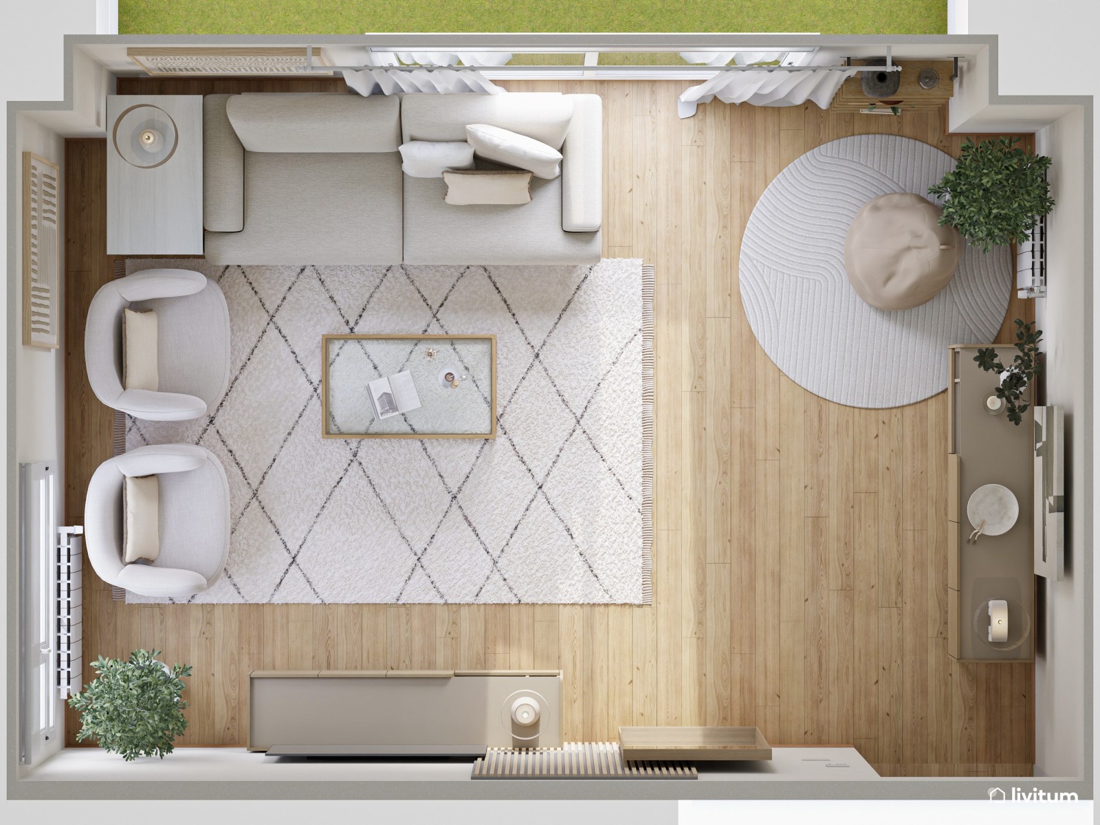 Salón de estilo minimalista con sutiles detalles en madera