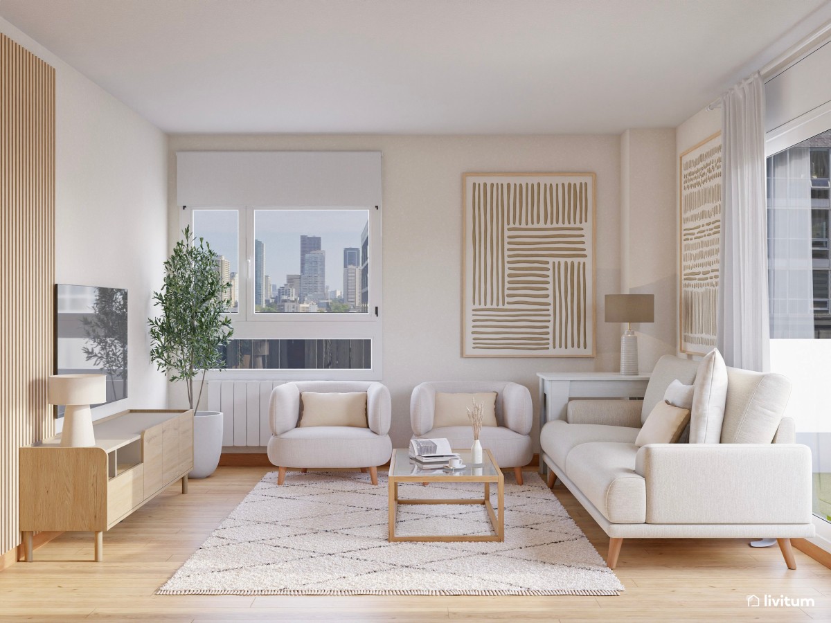 Salón de estilo minimalista con sutiles detalles en madera