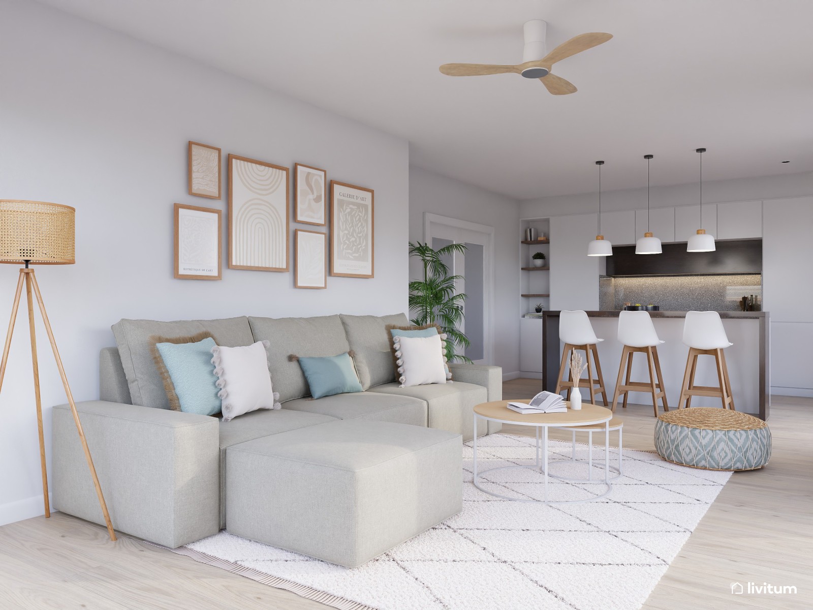 Salón de estilo nórdico con elegante cocina abierta 