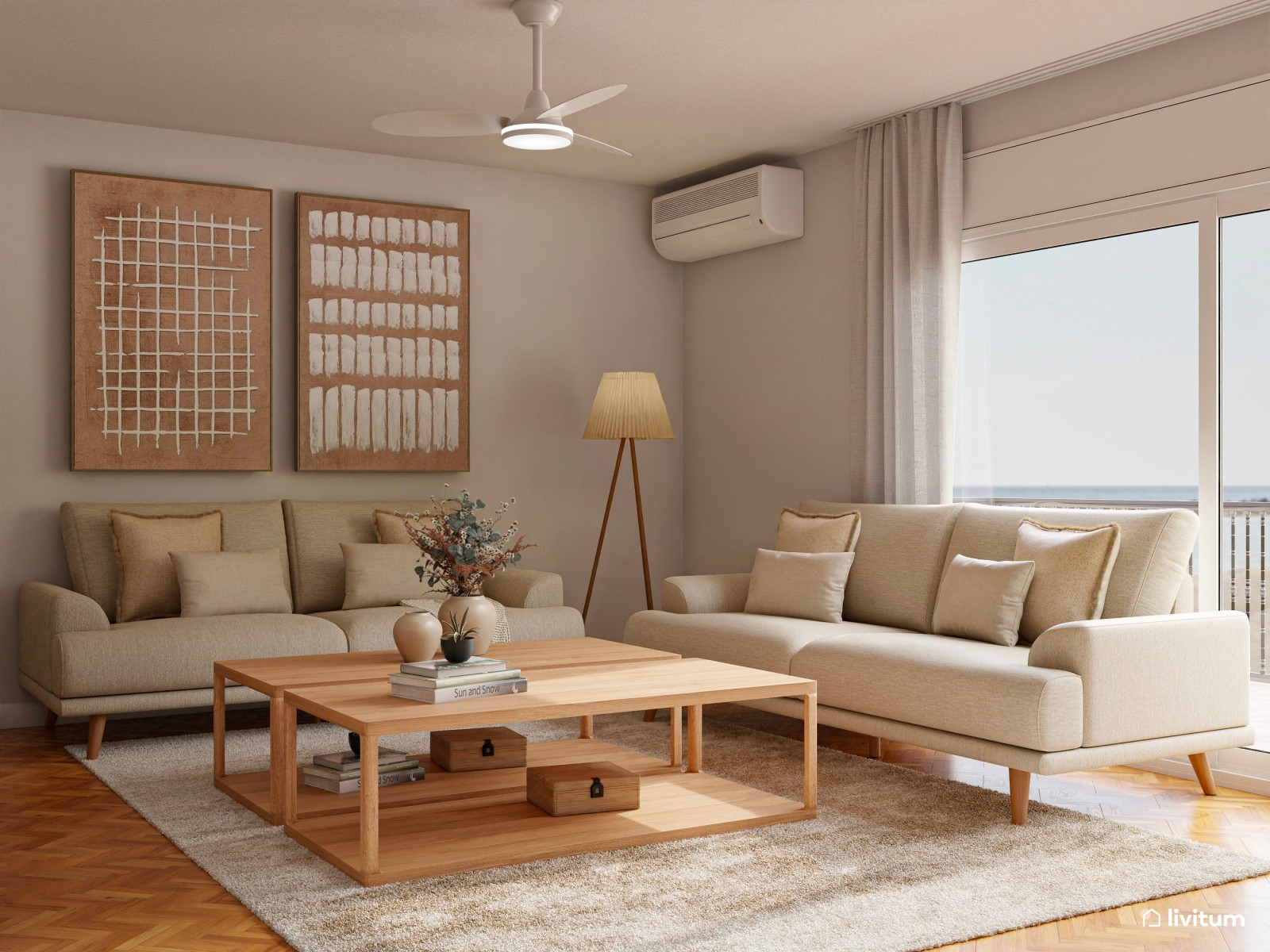 Salón de estilo nórdico en tonos claros, terracota y madera