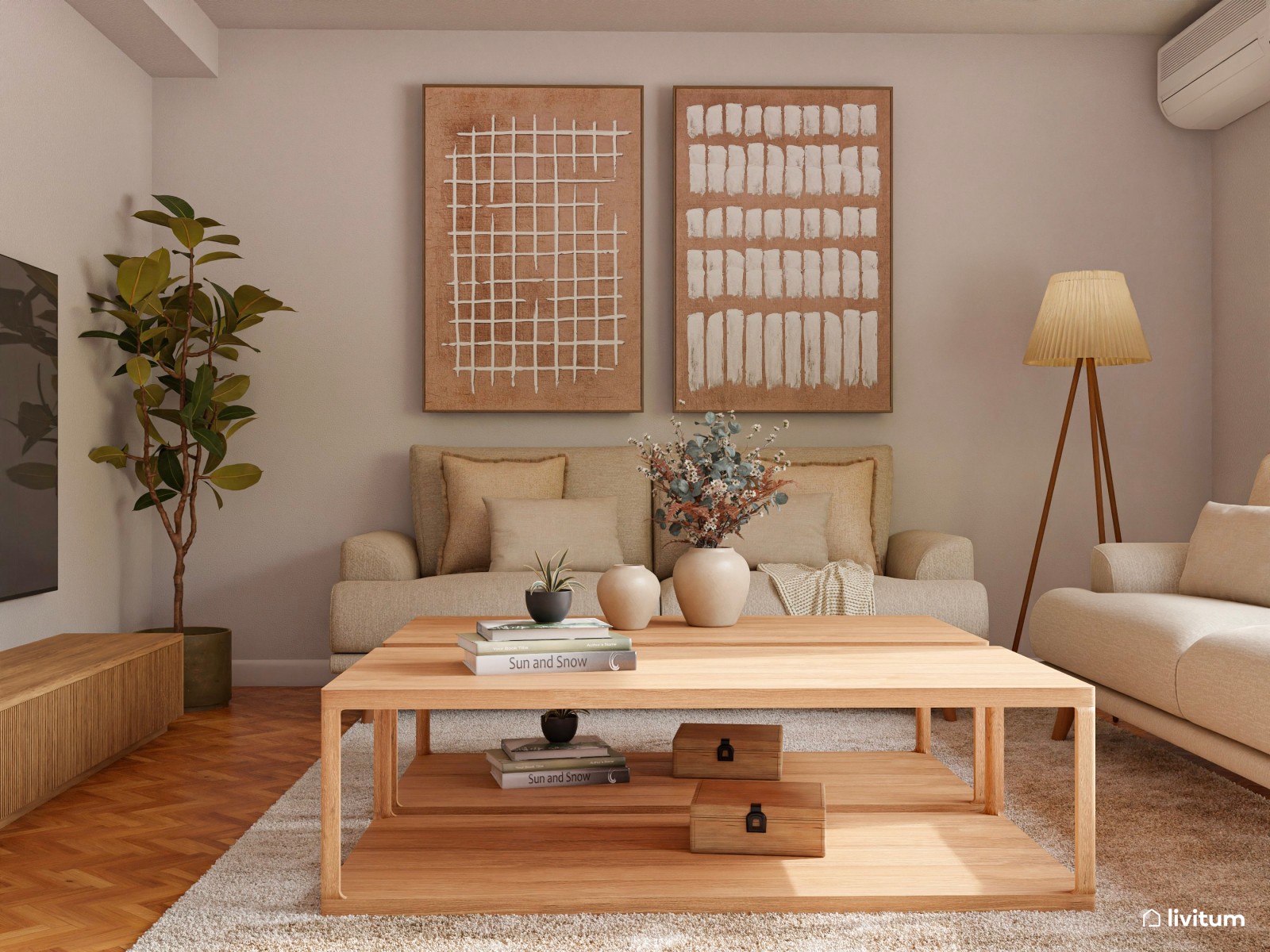 Salón de estilo nórdico en tonos claros, terracota y madera