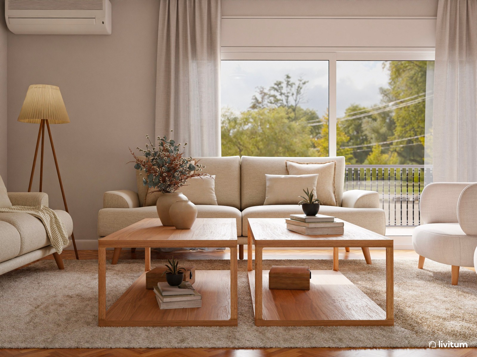 Salón de estilo nórdico en tonos claros, terracota y madera