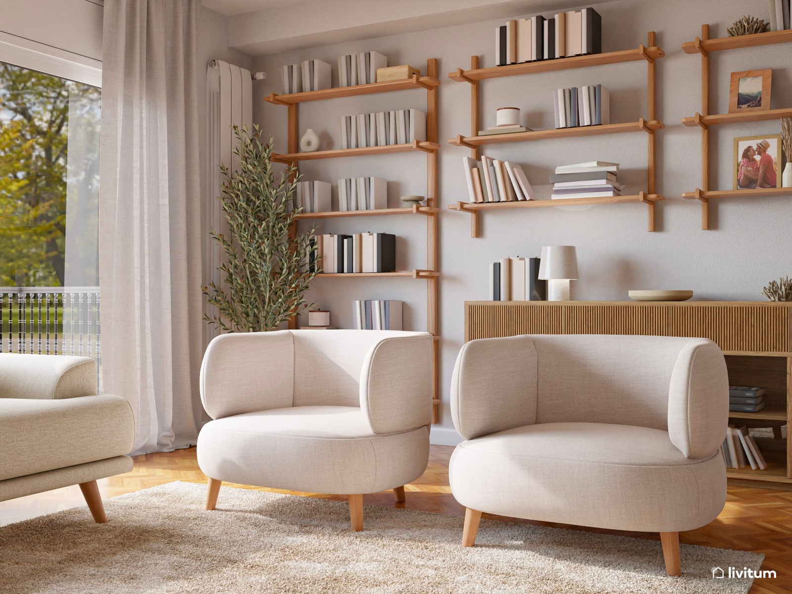 Salón de estilo nórdico en tonos claros, terracota y madera