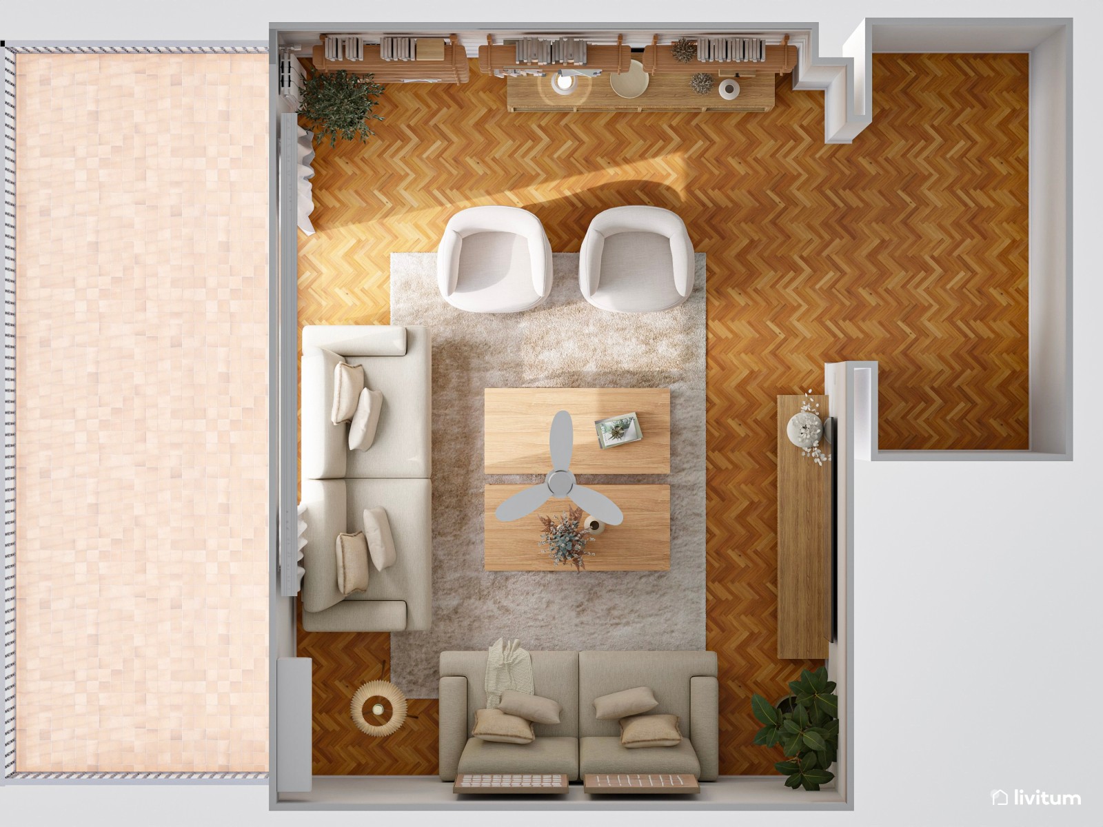 Salón de estilo nórdico en tonos claros, terracota y madera