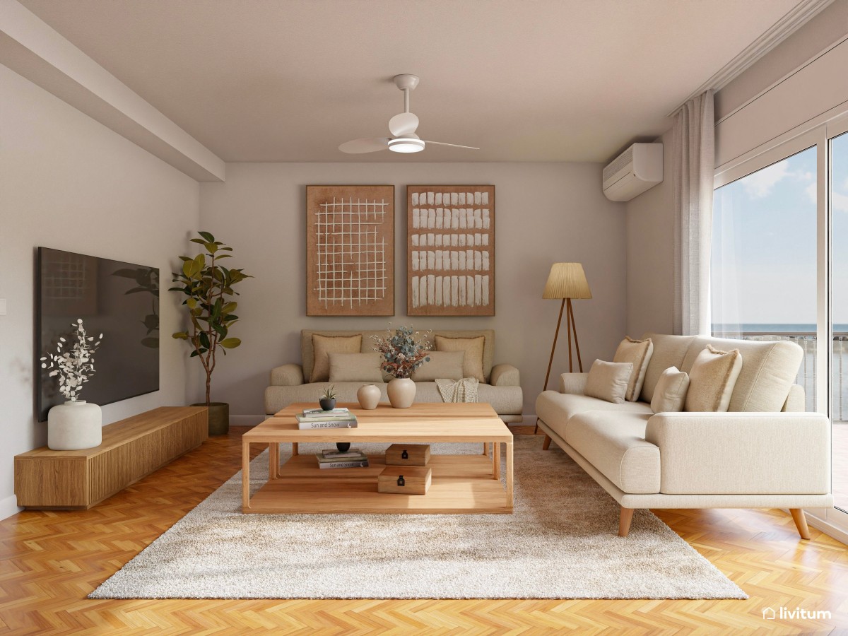 Salón de estilo nórdico en tonos claros, terracota y madera