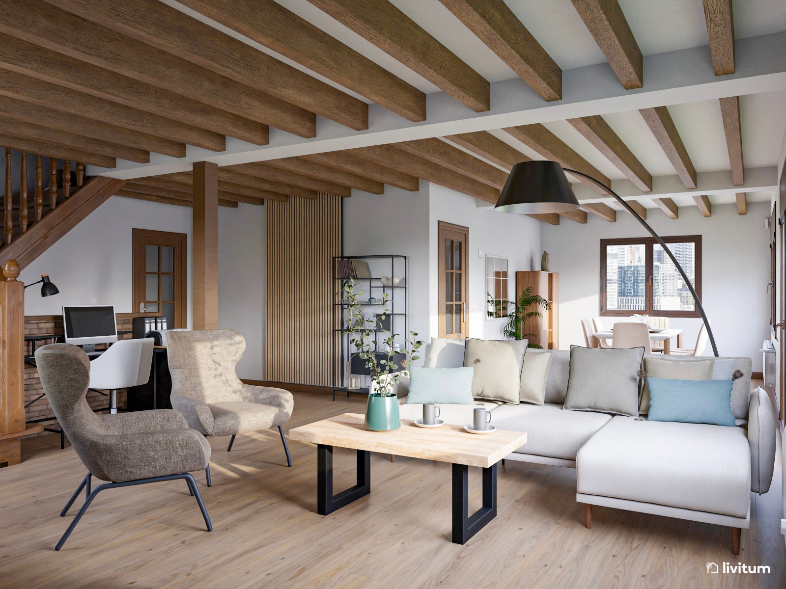 Salón de estilo rústico con chimenea y zona de escritorio