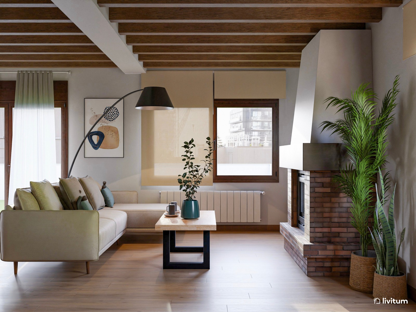 Salón de estilo rústico con chimenea y zona de escritorio