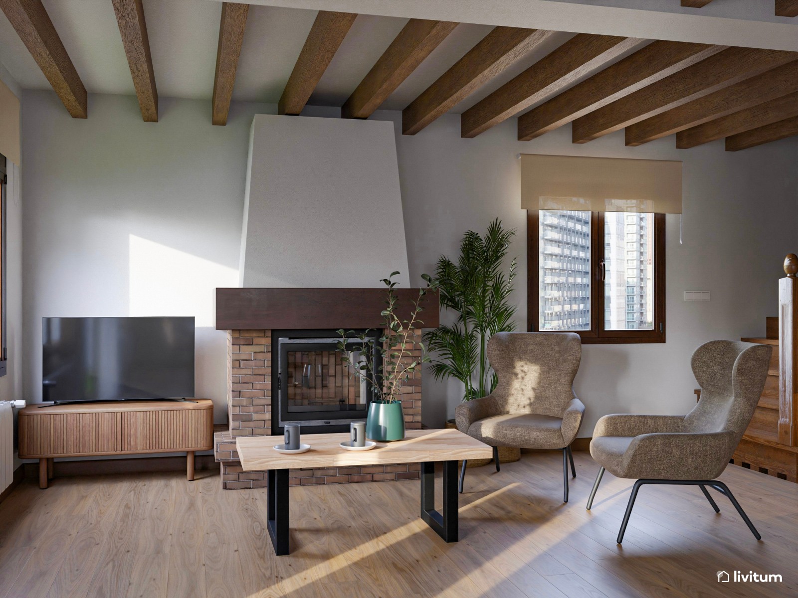 Salón de estilo rústico con chimenea y zona de escritorio